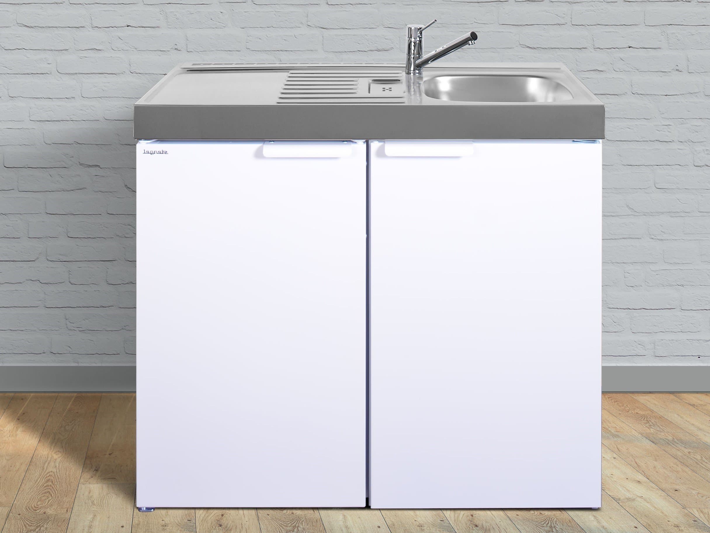 Mini Kitchen Economy Plus Includes Sink, Drainer and tap. A++ Rated Fridge with 14ltr Freezer Compartment and Tea Station top (no Hob) and Under Sink Storage Cupboard. Right Hand Sink.