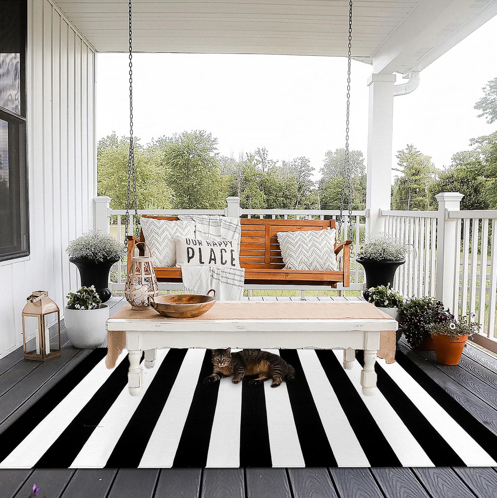 Black and White Striped Rug Outdoor 4'x6', Cotton Hand-Woven Riviera Striped Door Mat, Reversible Foldable Washable Stripe Rug for Layered Door Mats Porch/Front Door (47.2"x70.8")