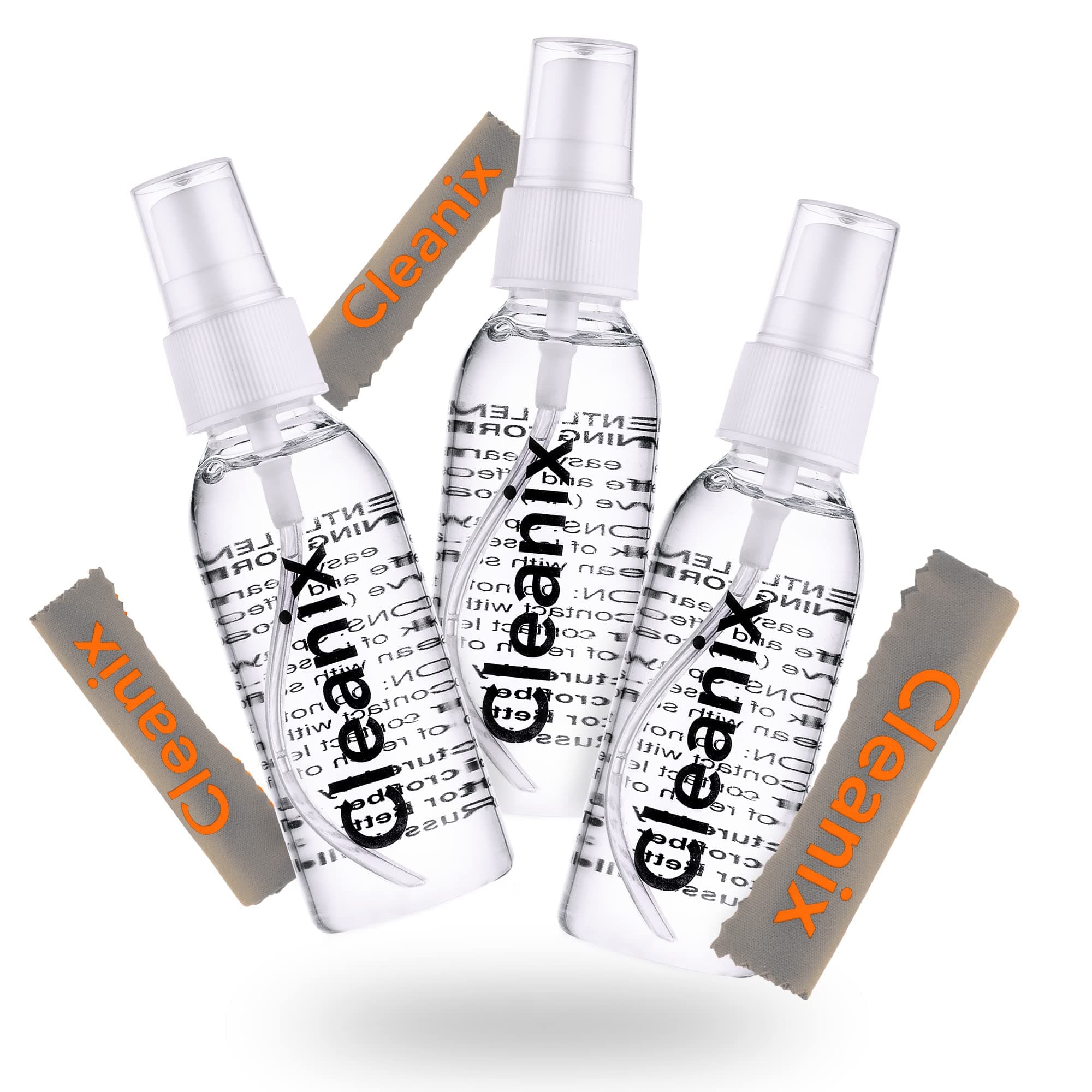 Cleanix Glasses Cleaner Set of 3, Alcohol-Free Eyeglass Cleaner, 3pcs. 2-Ounce Spray Bottles with 3 Microfiber Glass Cleaner Cloths, Travel-Sized Kit, Safe for Glasses, & Electronic Devices