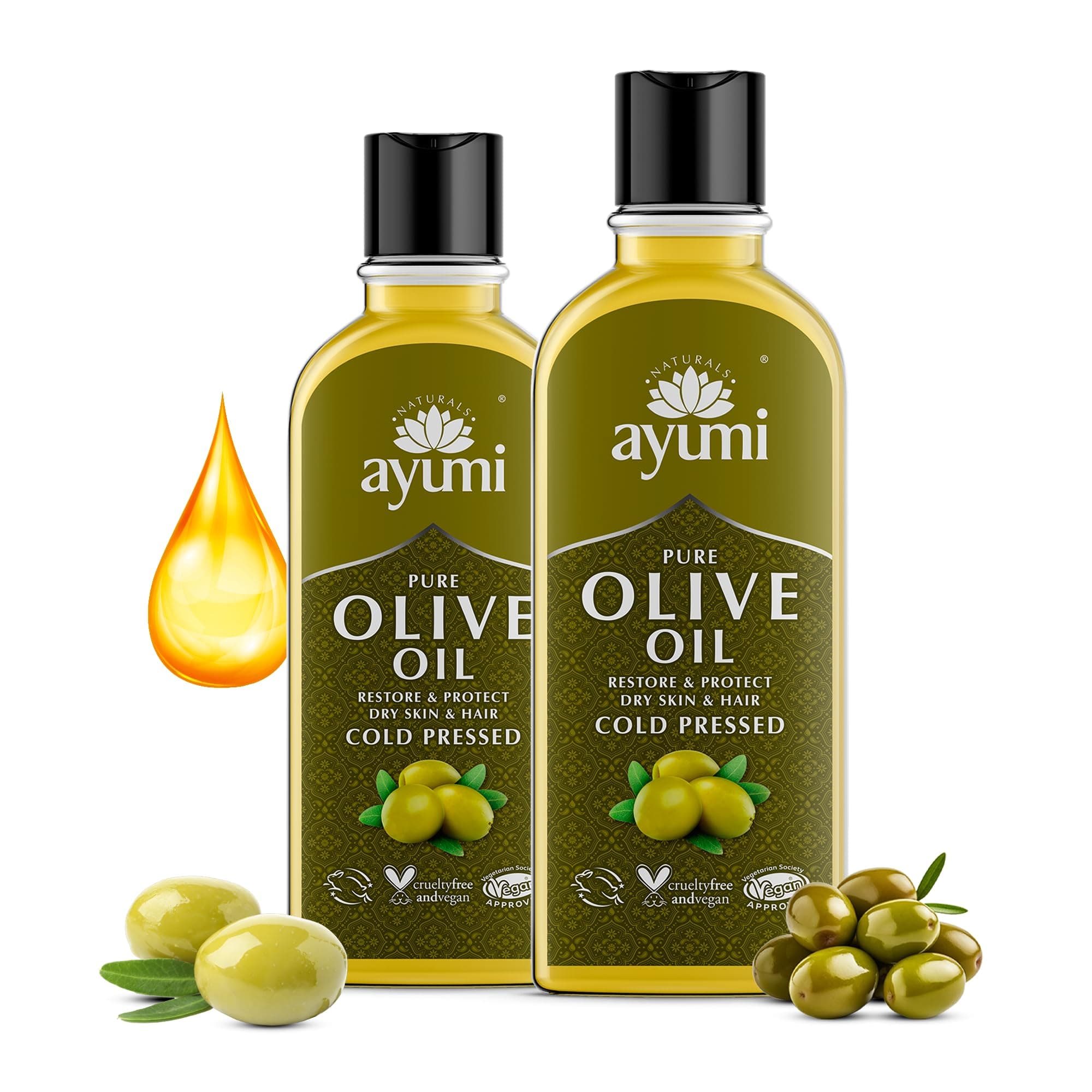Ayumi Pure Olive Oil with Vitamin E & Fatty Acids | Cold Pressed Olive Oil for Frizzy Hair Treatment | Dry Skin FaceOil & Body Oil to Reduce Wrinkles | Food GradeOil to Aid Digestion | 2 x 150 ml