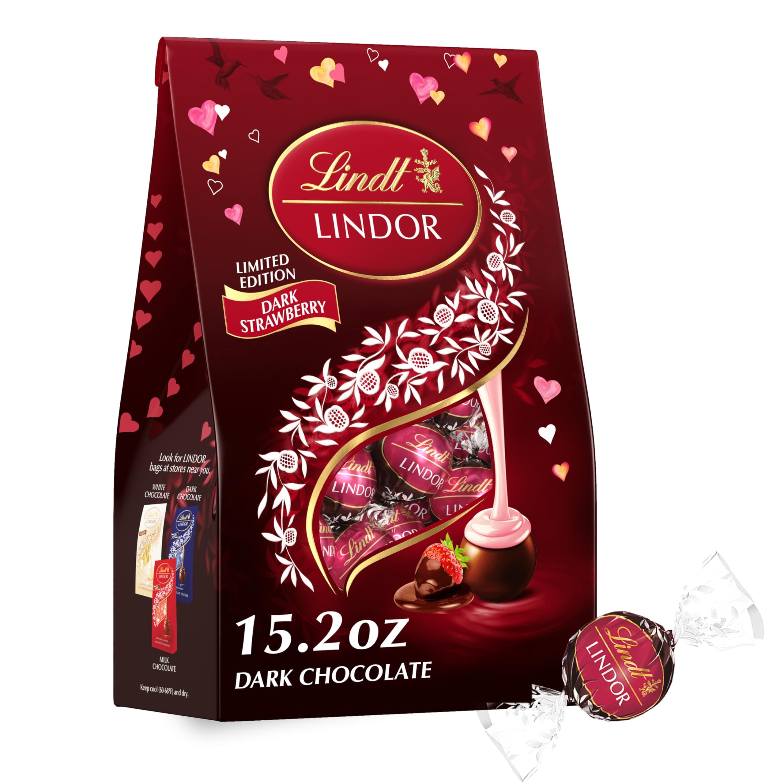 LINDOR Strawberry Dark Chocolate Candy Truffles, Valentine's Day Dark Chocolate with Smooth, Melting Center, 15.2 oz. Bag
