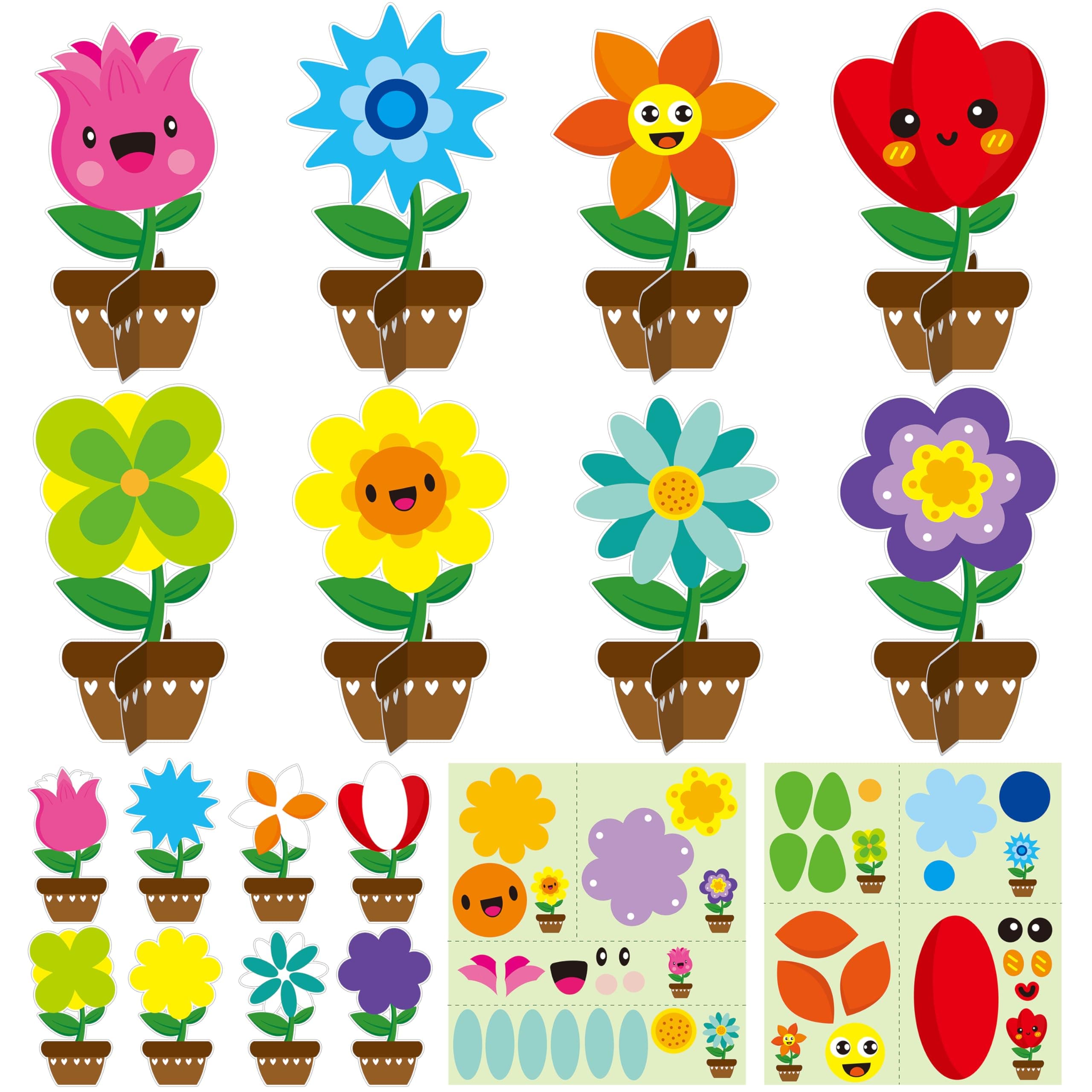 WATINC Mother's Day Flower Craft Kits, Make Your Spring DIY Flowers Craft Set Sun Mouth Eyes Stickers Springtime Flowers Decorations for Kids Boy Girl Home School Fun Activities (32 Packs)