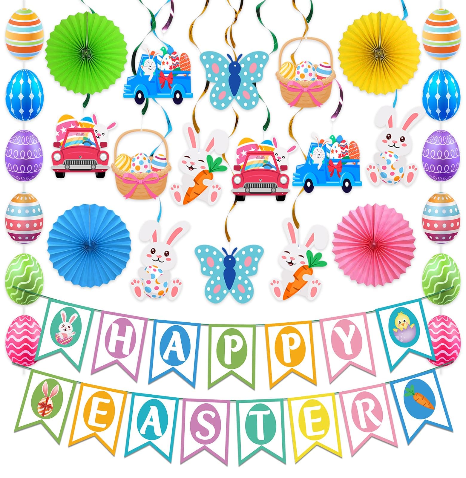 Easter Decorations - Happy Easter Banner, Egg Bunny Garland, Hanging Swirl for Home, Office, School, Classroom Themed Party