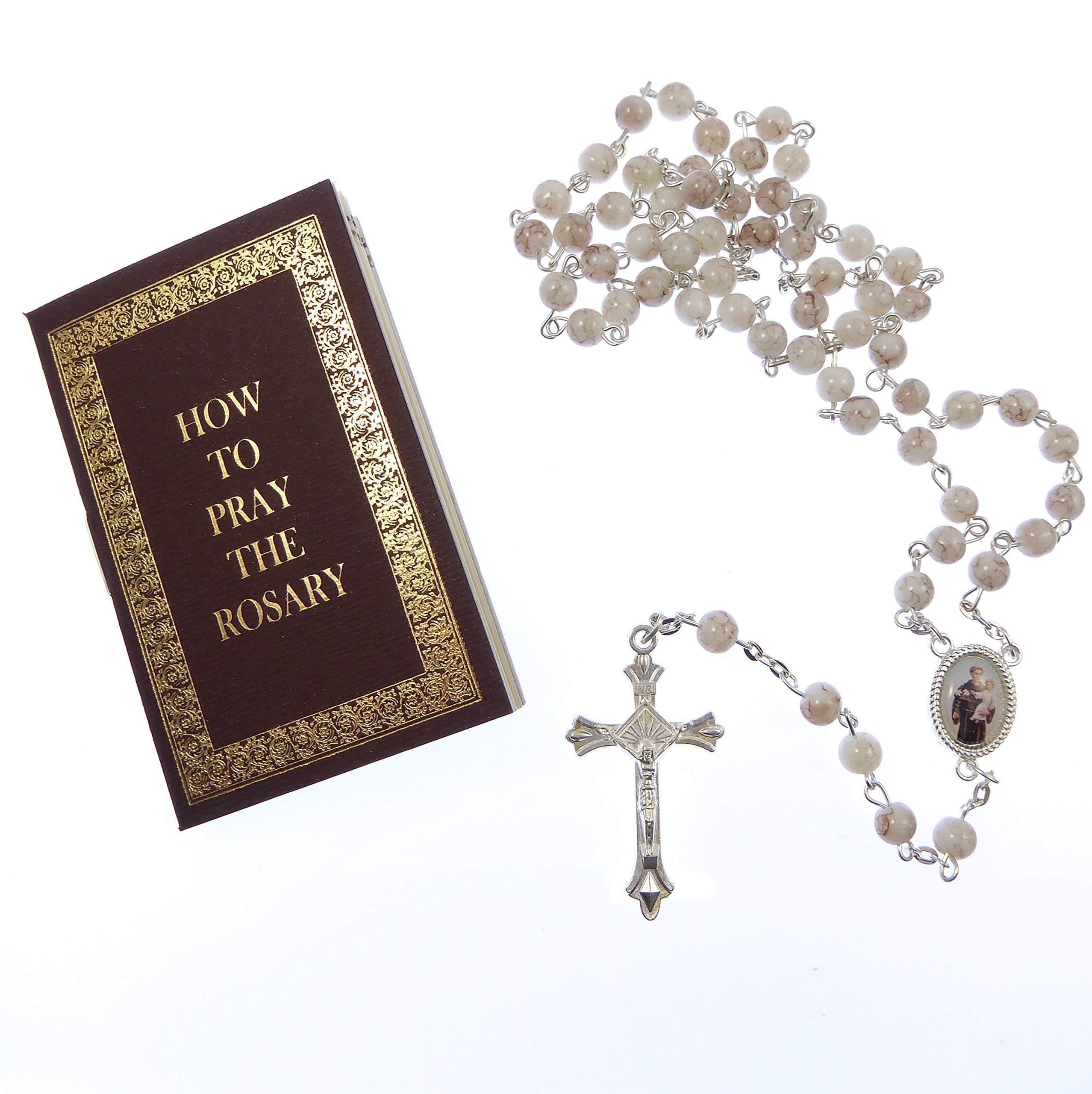 White marble effect glass St. Anthony rosary beads with How to Pray Rosary book