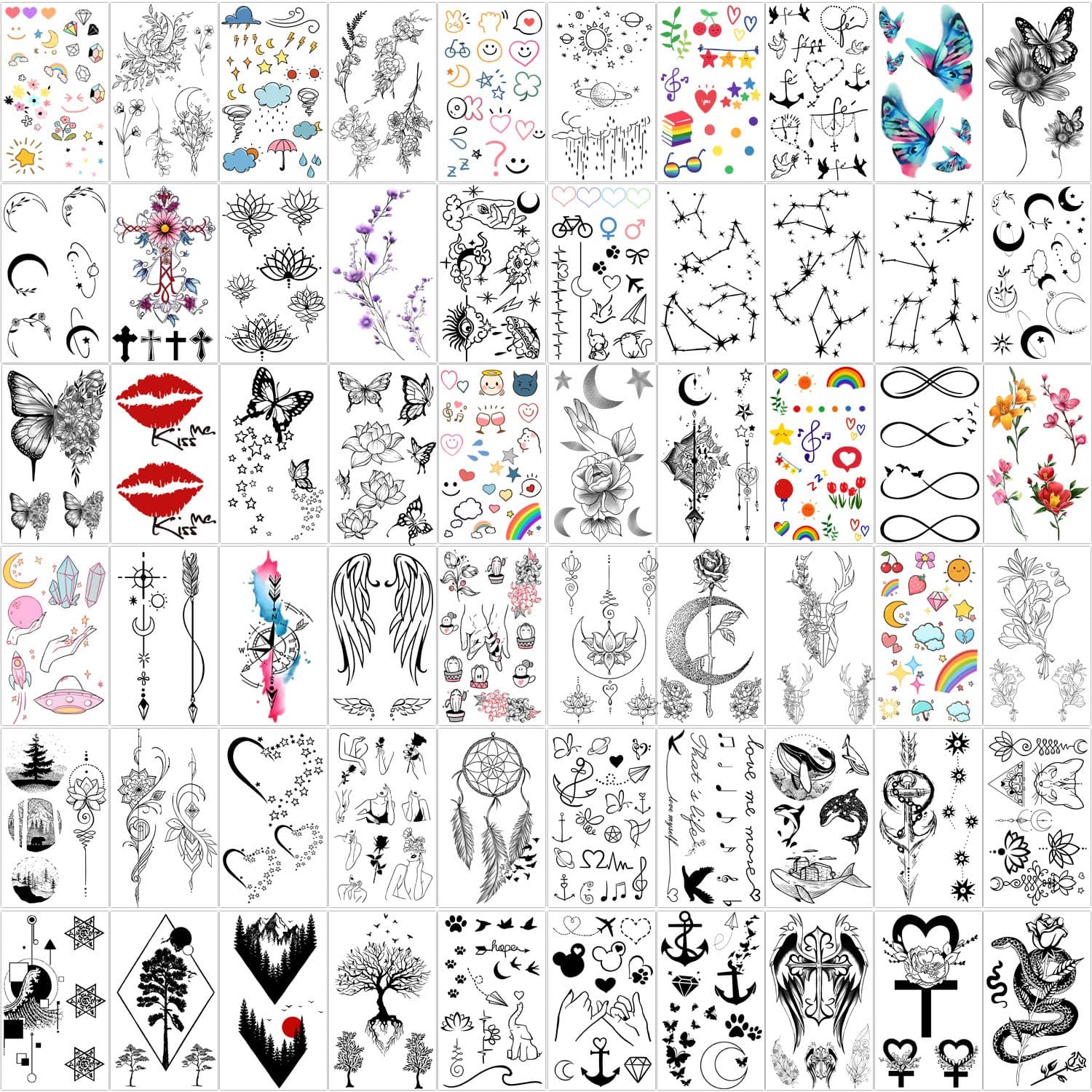 60 Sheets Tiny Waterproof Temporary Tattoos Moon Stars Constellations Music Compass Anchor Words Lines Flowers for Kids Adults Men and Women