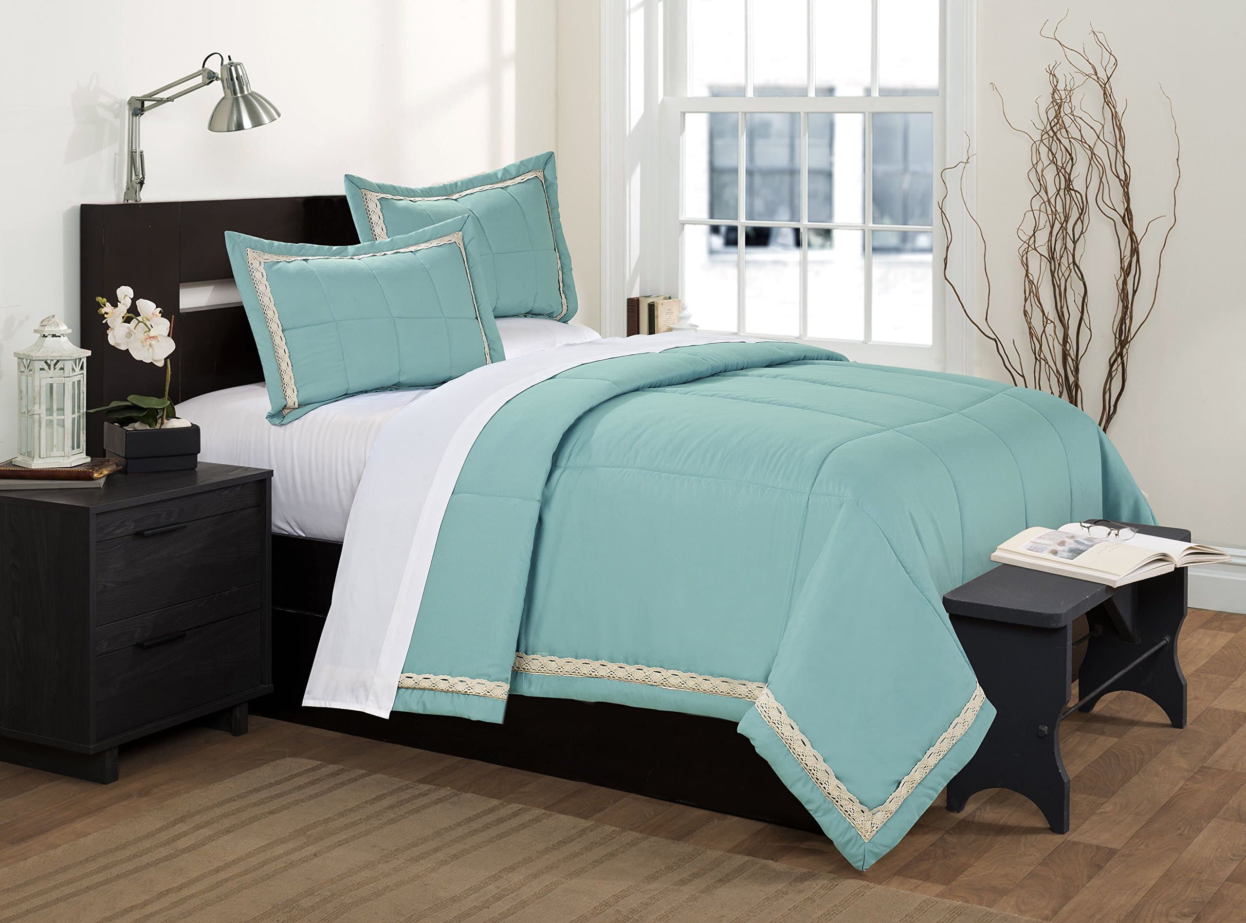 BEDnLINENS 3 Piece Carola Lace Edge Embroidered Bedspread Set Box Stitching (King, Blue)