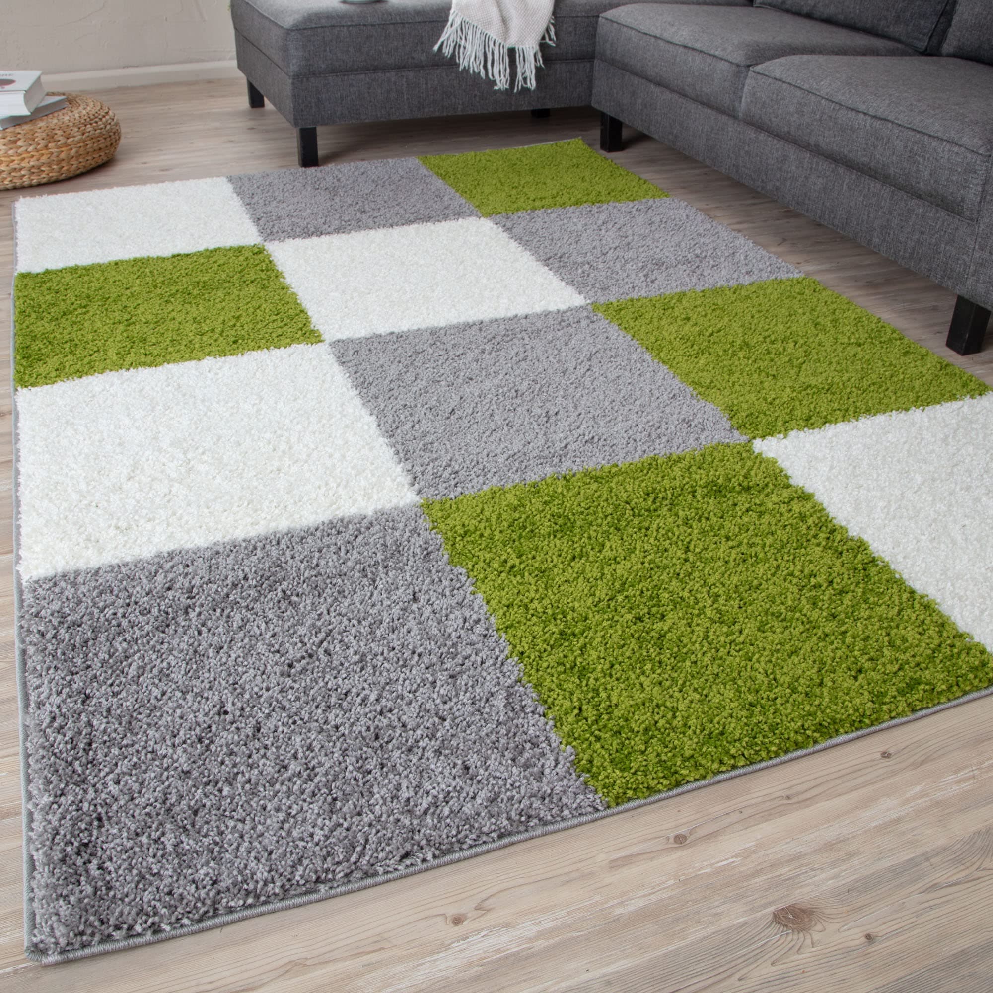 THE RUGSArea Rug – Modern Luxury Shaggy Rug, Multicolour Pattern Carpet, Ultra Soft for Bedroom, Living Room, Kids Room, (140x200 cm, Green)