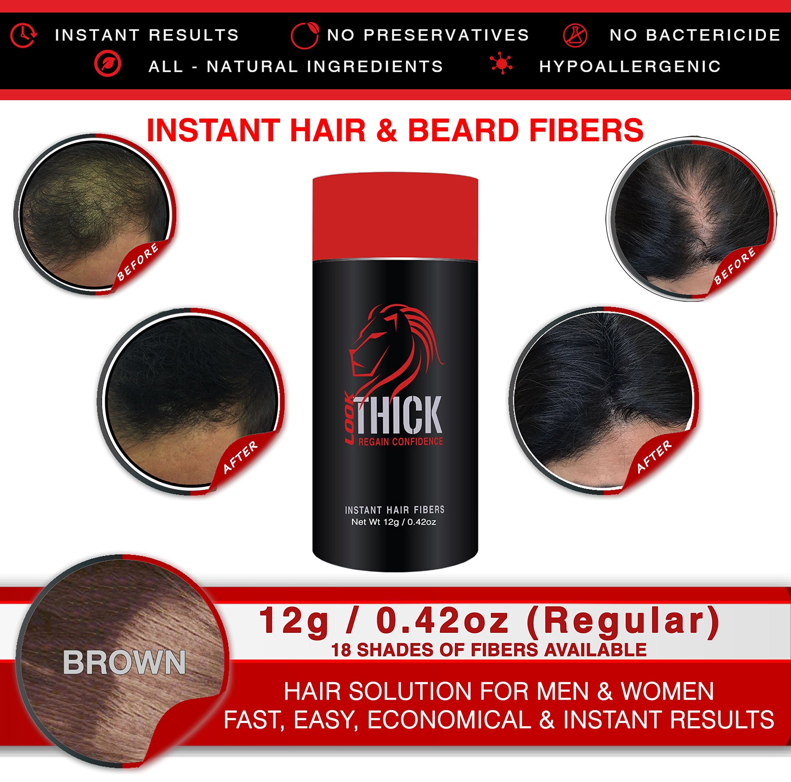 Instant Hair and Beard fibers for Men, Women, Resists: Rain Wind Sweat, Hair Solution, Thin Hair, Thicker and Fuller Hair Concealer, 100% Plant, Keratin and Corn (12 grams, Brown)