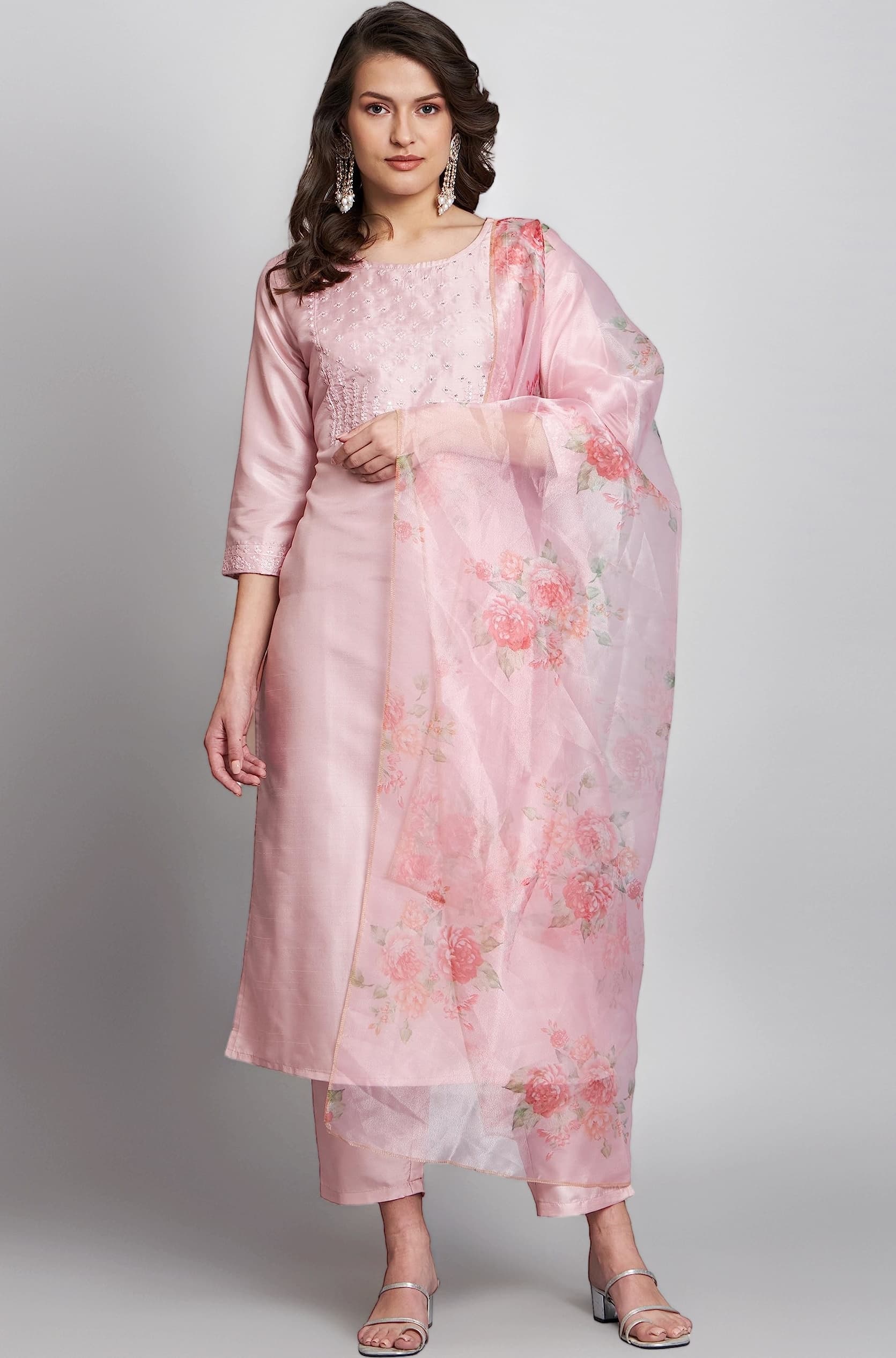 VredeVogel Women's Silk Blend Embroidered Straight Kurta Pant Set with Organza Dupatta