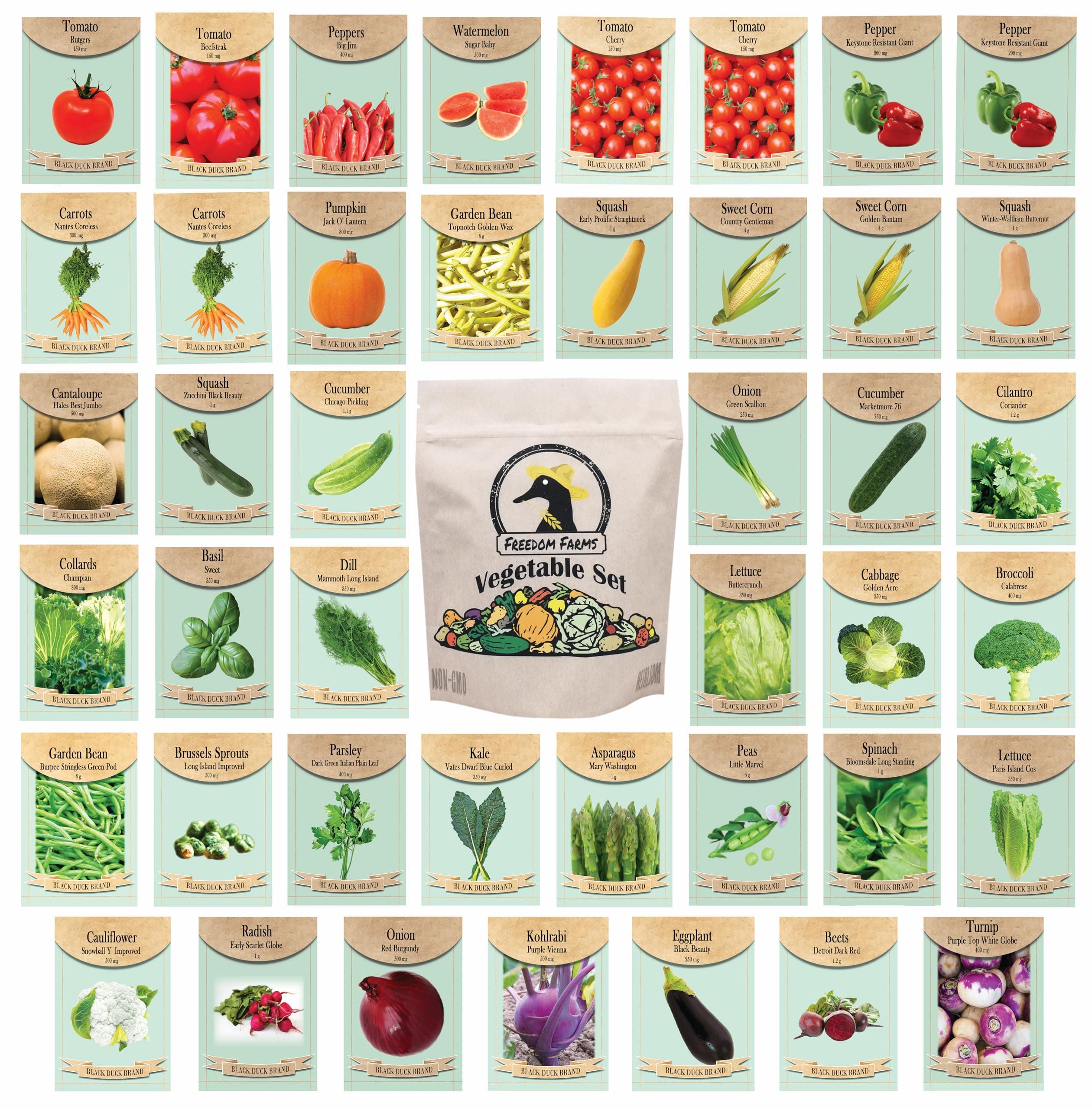 Set of 30 Pack Vegetable Seeds 30 Varieties Create a Deluxe Garden All Seeds are Heirloom, 100% Non-GMO by Black Duck Brand 30 Different Varieties