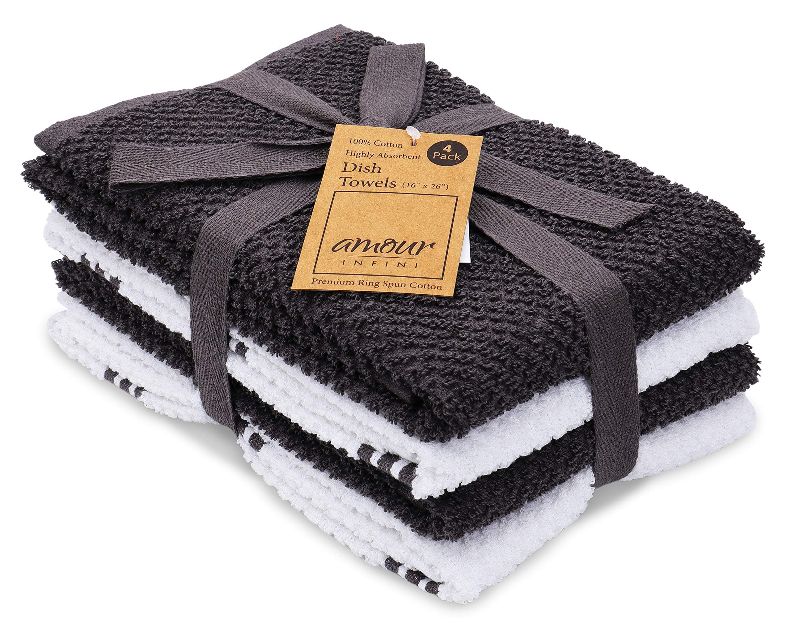 AMOUR INFINICotton Tea Towel Kitchen Dish Towels Set of 4, 40 x 65 cm Super Soft & Absorbent Kitchen Towels 100% Terry Dish Towels for Washing Up Perfect for Household & Commercial Uses | Charcoal