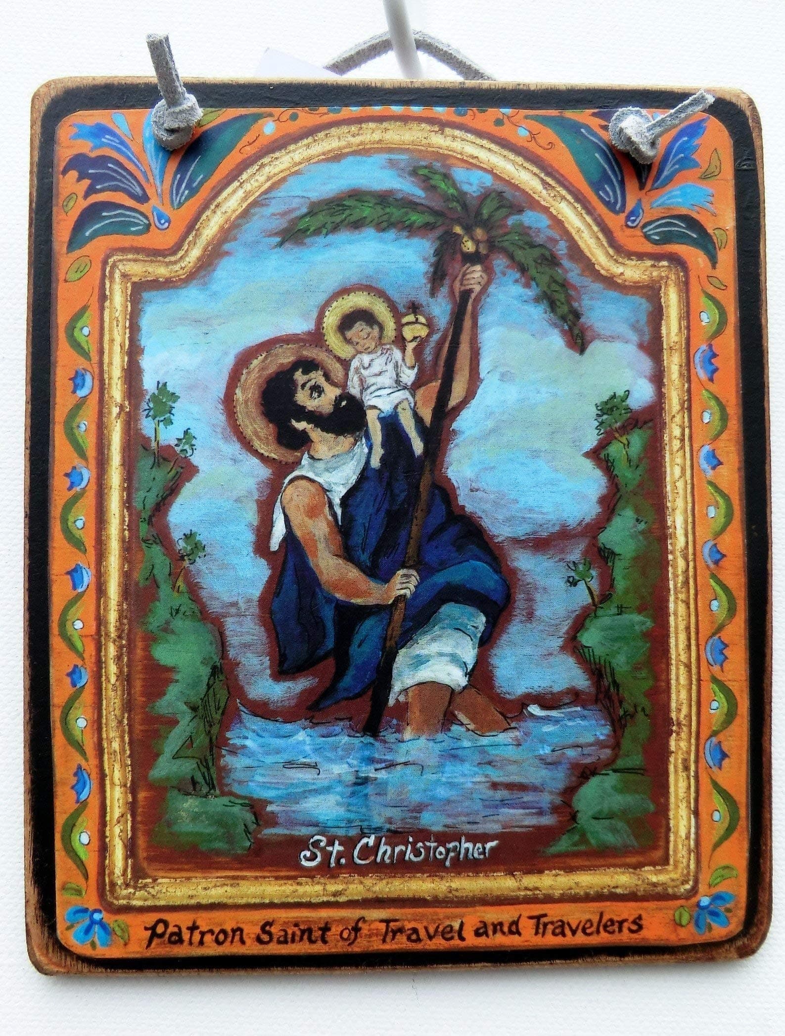 Saint Christopher St. Christopher retablo Icon patron of travelers orange blue 5 x 6 inch wall art folk art small wooden wall plaque