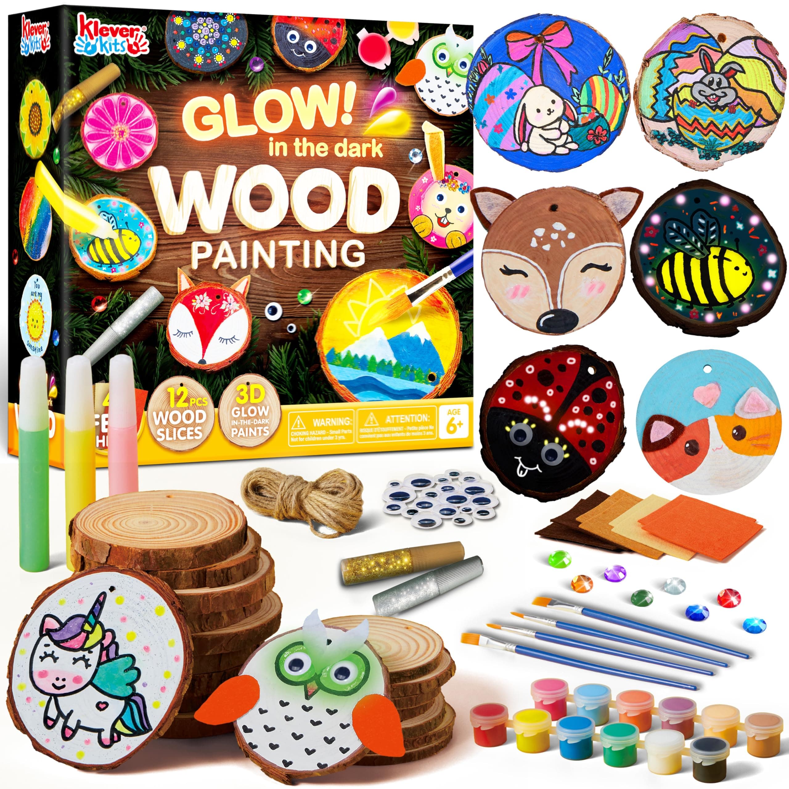 Wooden Painting Craft Kit-Glow in The Dark- Arts and Crafts for Kids Ages 6-12 Wood Slices with Art Activitiy Supplies, Wood Crafts for Boys Girls Party Gift Easter Painting