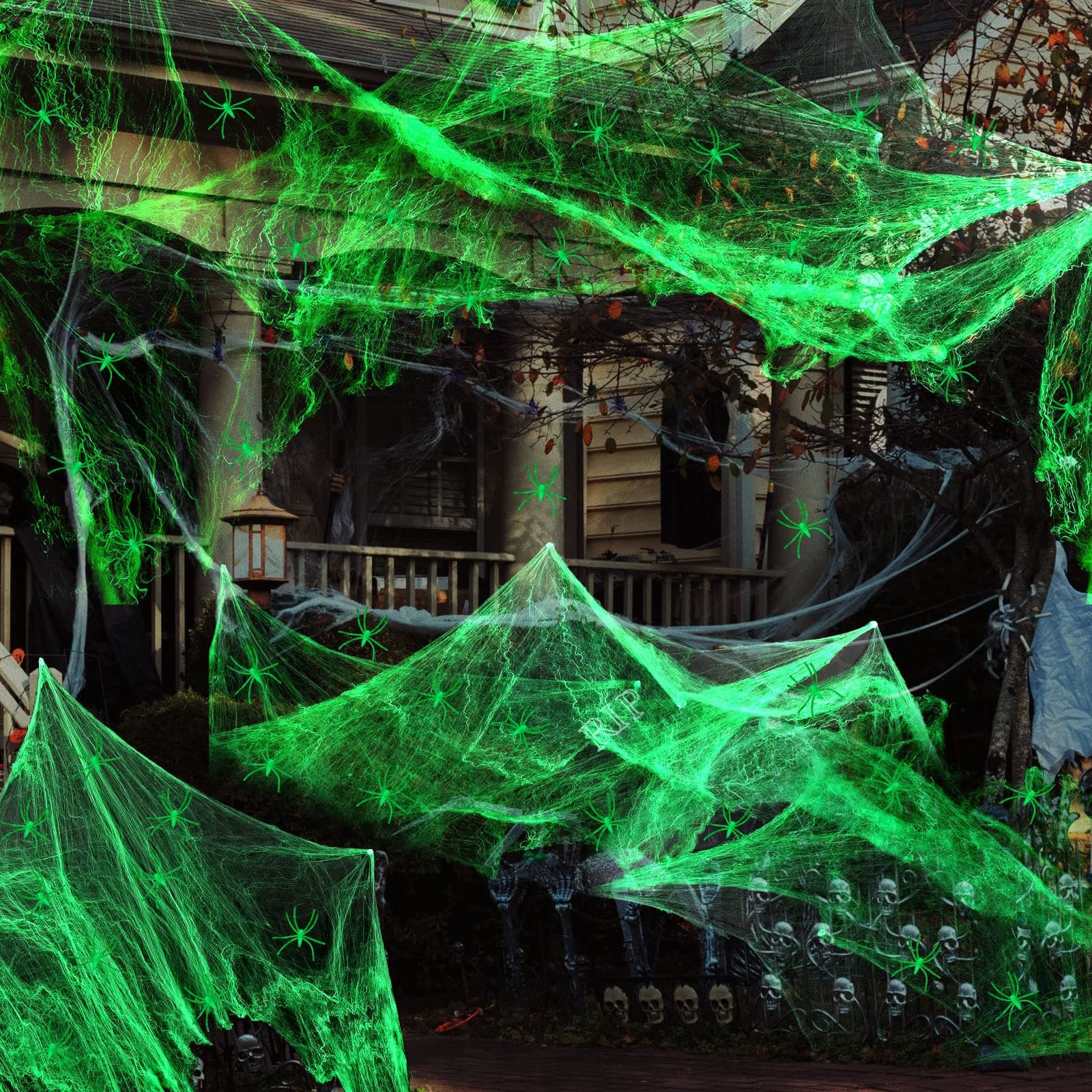 1400 Sqft Glow in the Dark Spider Web Halloween Decorations with 150 Fake Spiders, Fluorescent Stretch Spider Webs Stretchy Cobwebs for Creepy Halloween Decor Indoor Outdoor Party Haunted Home