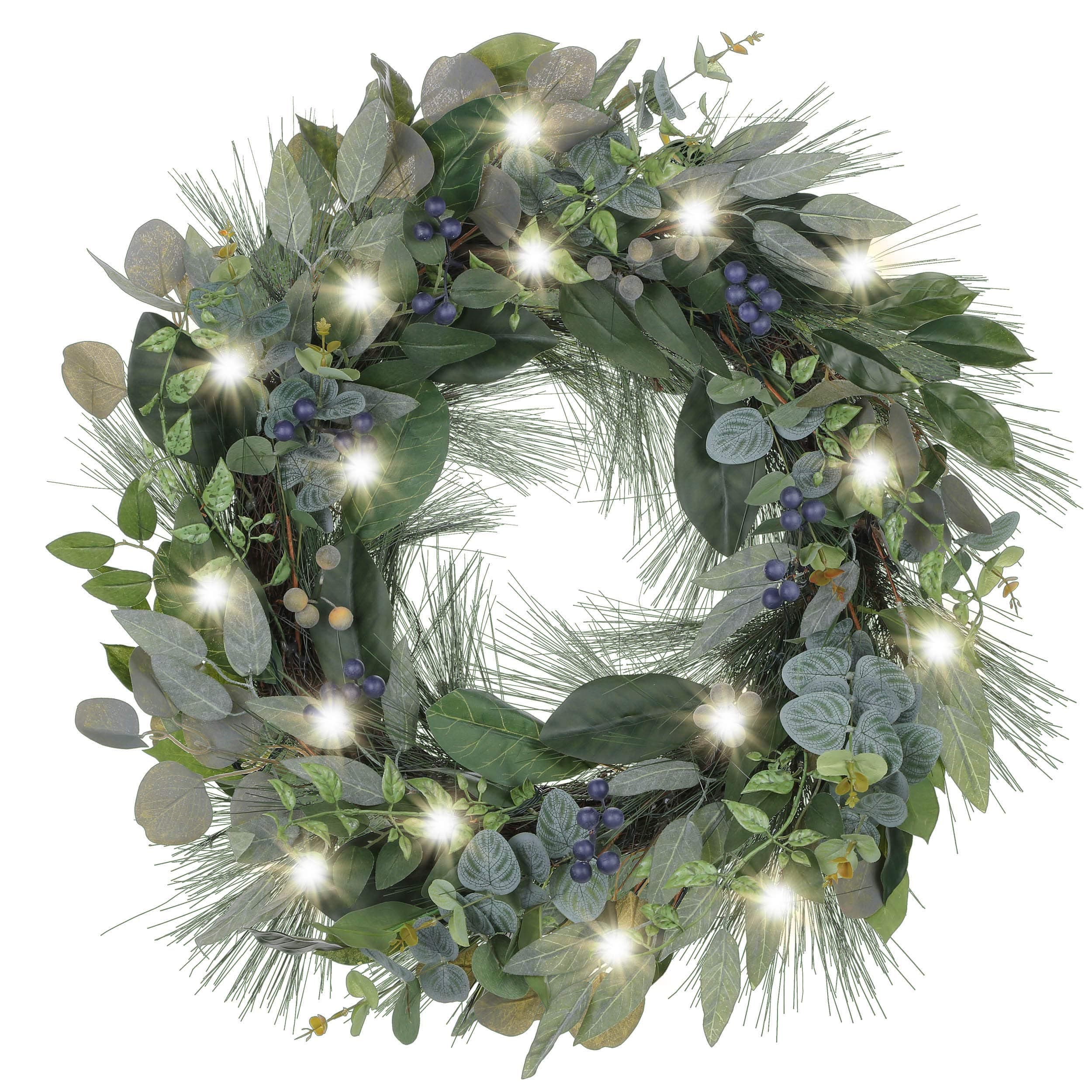 Valery Madelyn Pre-Lit 24 inch Natural Fresh Fall Eucalyptus Wreath for Front Door with Blueberries, Battery Operated 20 LED Lights, Farmhouse Home Decoration for Fireplace