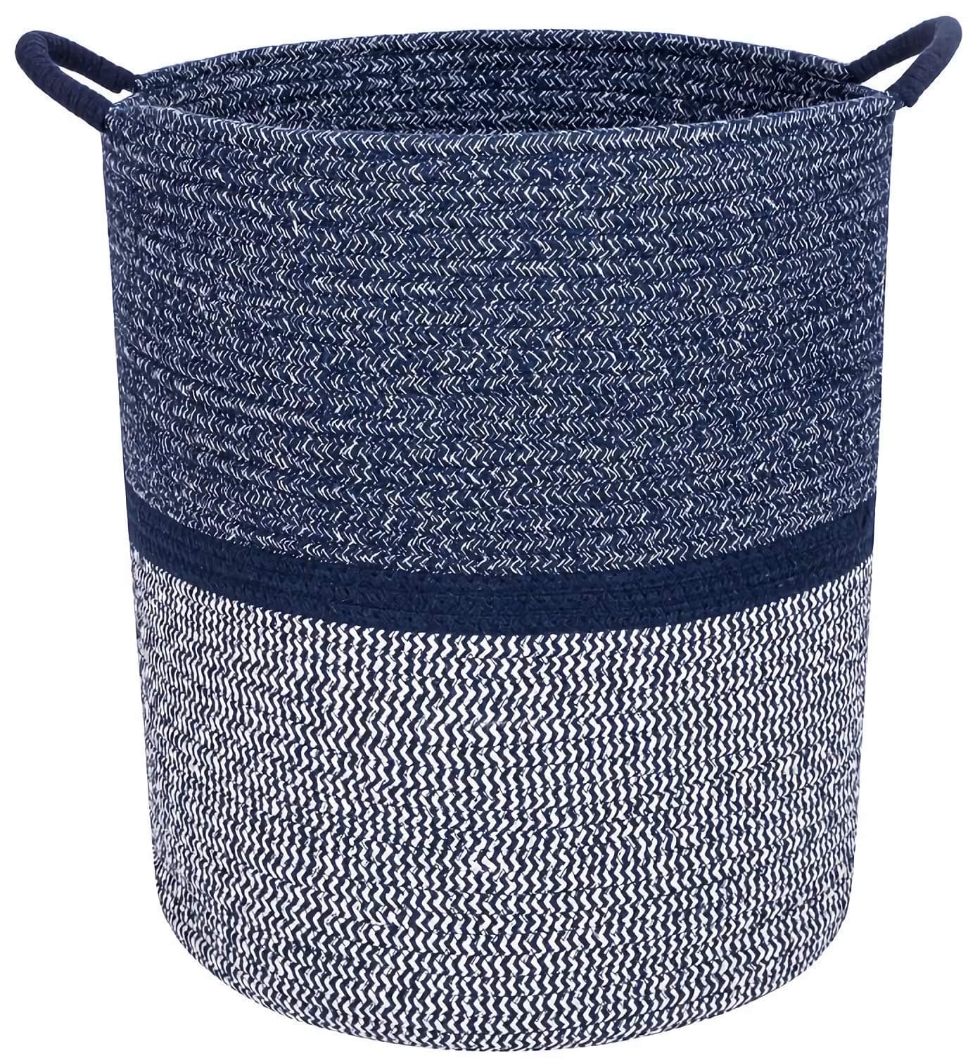 Celebraby Cotton Rope Basket - Woven Baskets with Handles for Laundry, Blankets, Nursery, Baby & Kids Toys, Organizing Storage Hamper-16x13.5" Natural and Soft Navy Blue & White for Living Room Decor