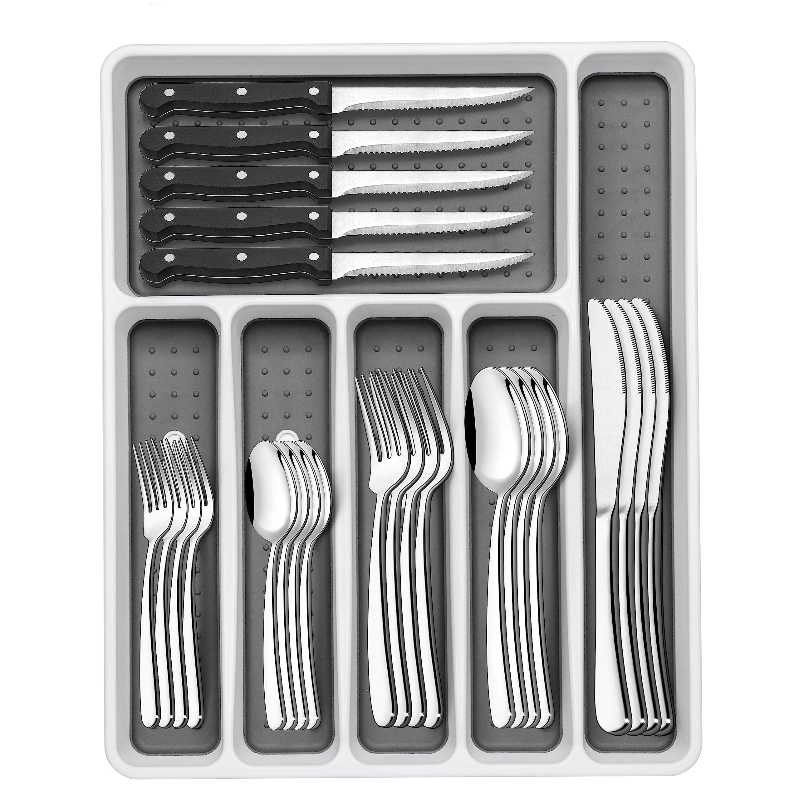 EWFEN 49-Piece Silverware Set with Organizer, Heavy Duty Stainless Steel Flatware for 8, Cutlery Utensil Sets with Steak Knives, Rust-proof, Mirror Polished, Dishwasher Safe