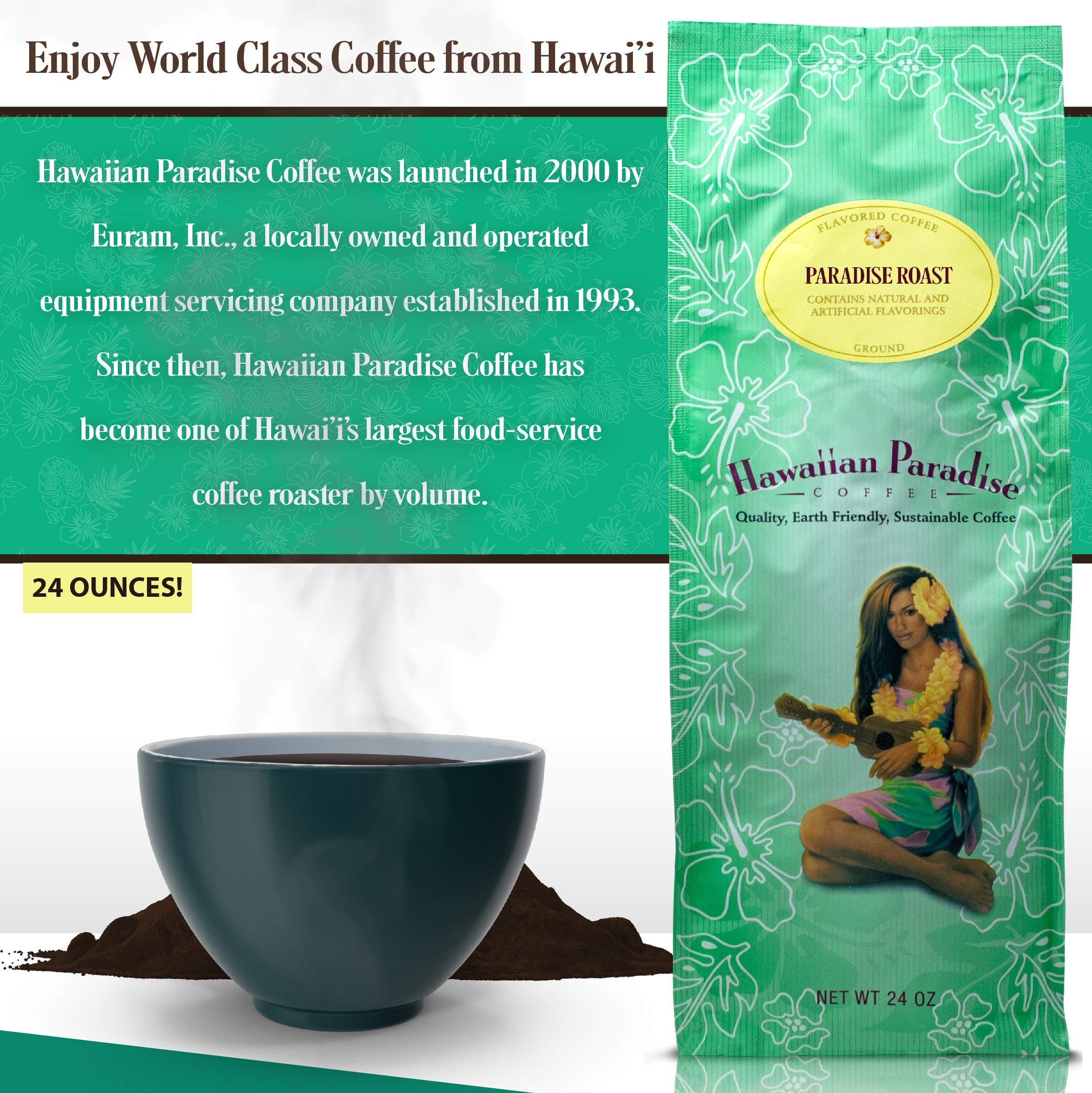 Hawaiian Paradise Coffee Medium Roast (24 OZ) World Class Premium Flavored Grounds Gourmet | Signature Brewed Made From the Finest Beans| Farm Fresh Earth Friendly | Paradise Roast