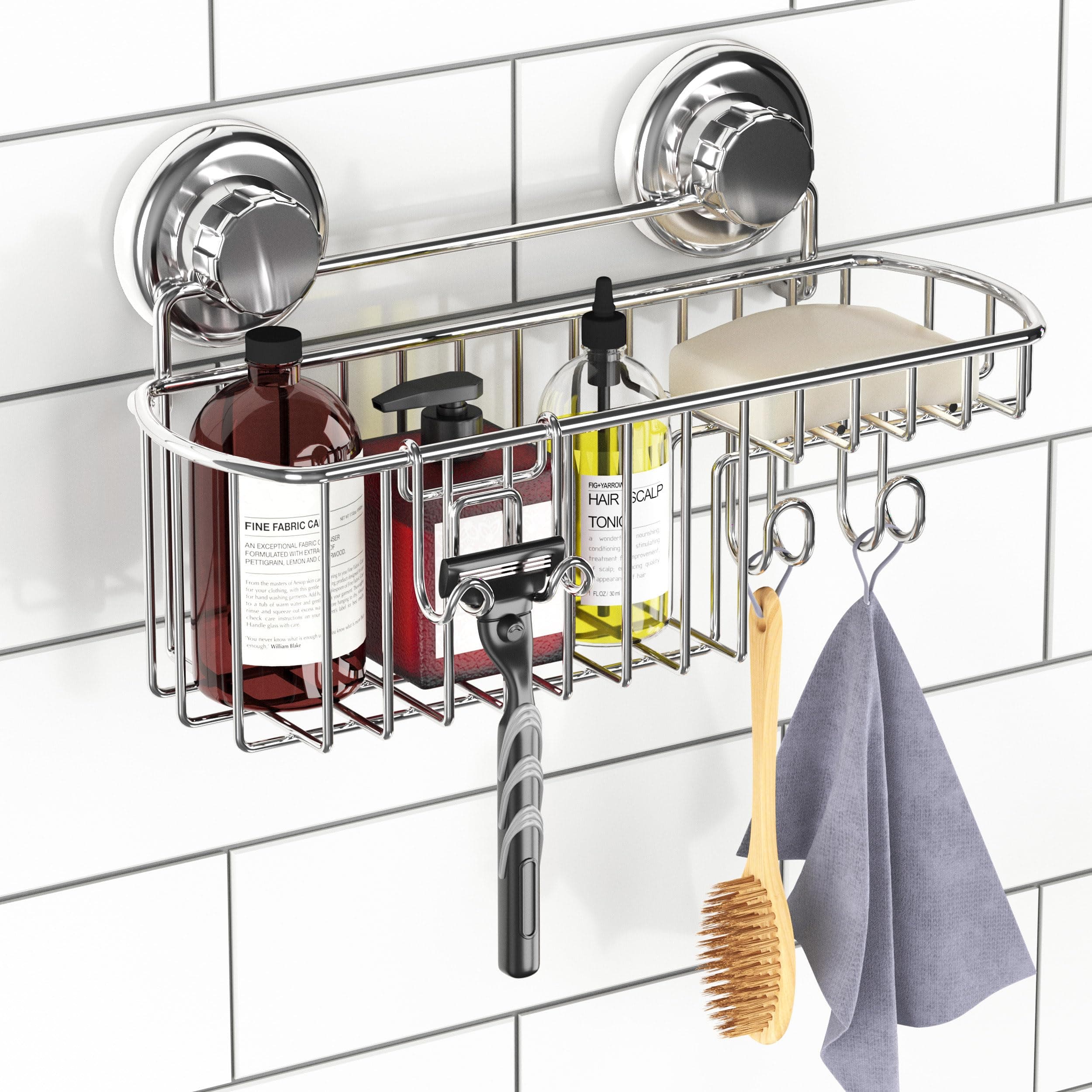 Powerful Vacuum Suction Cup Shower Caddy Basket for Shampoo - Combo Organizer Basket with Soap Holder and Hooks - Stainless Steel Holder for Bathroom Storage (Chrome)