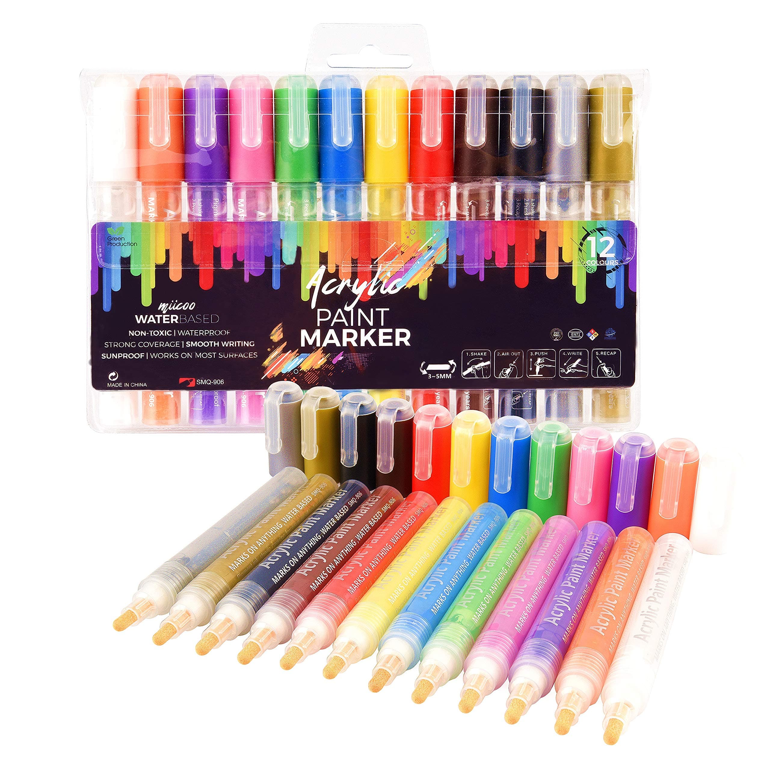 Acrylic Paint Pens Art Craft Marker – Permanent Water Based Ink, Reversible Tip, Variable Point Size 1, 3, 5mm, Rock, Stone, Fabric, Glass, Ceramic, Wood, Canvas, Paper, Metal, DIY, Set of 12 Colors