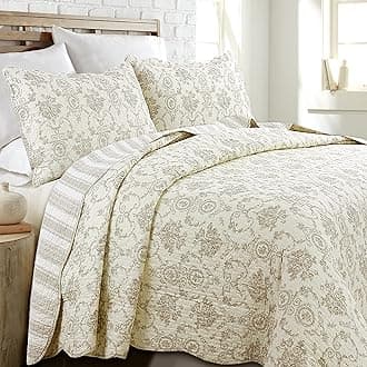 French Medallion 100% Cotton Bedding Quilt Set, Beige Ivory Rose Flower Reversible Coverlet Bedspread (Cream Eggnog, King - 3 Piece)
