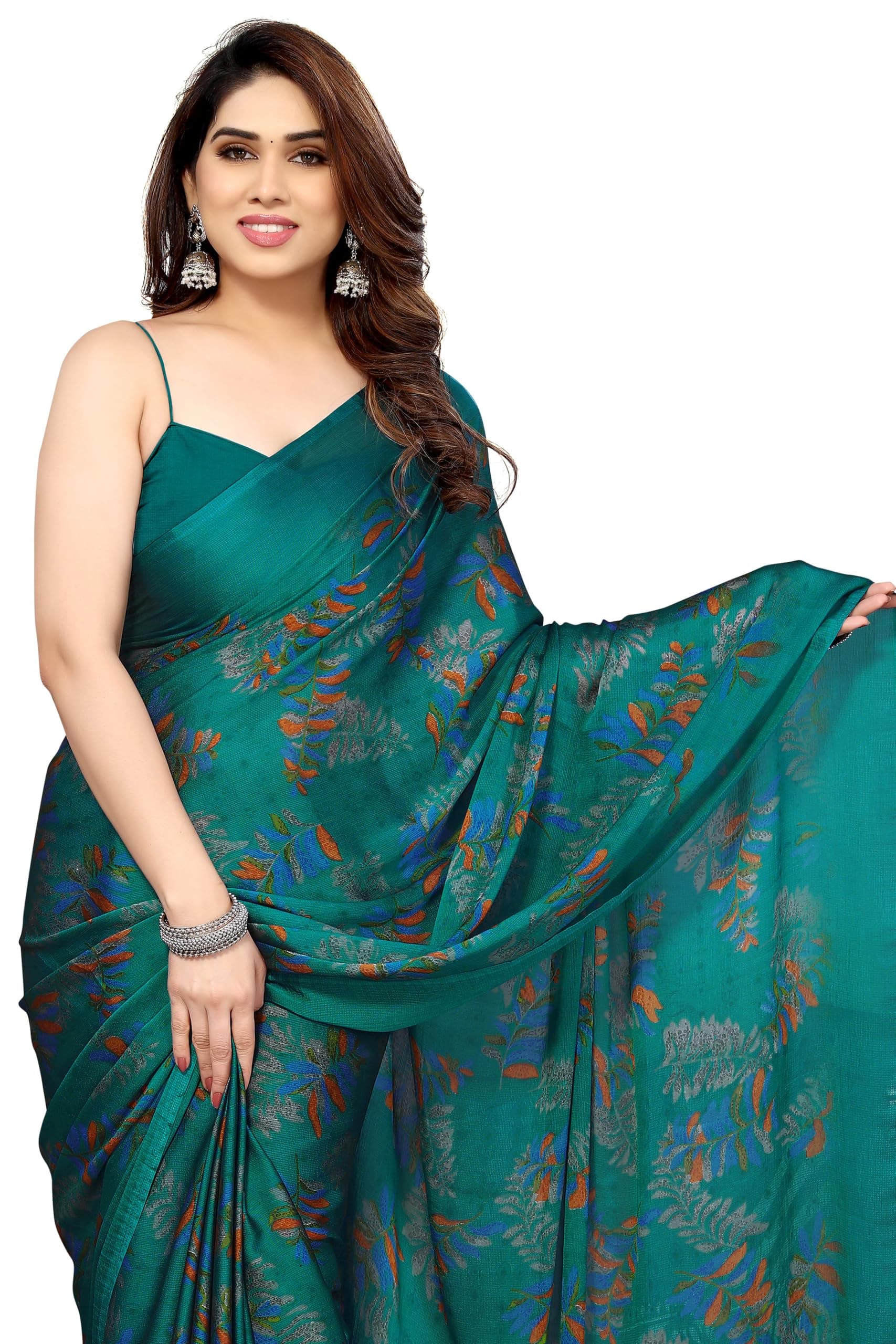 Women's Chiffon Georgette Floral Printed Saree with Blouse Piece (39821-Magenta, Beige)