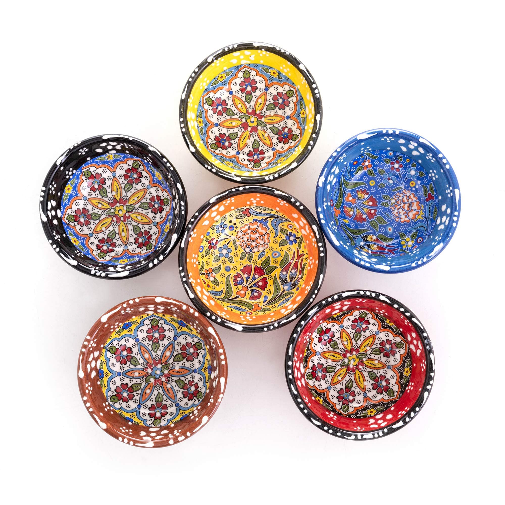 Set of 6 Decorative Turkish Ceramic Bowls Handmade (3.14"-8cm) 2.5oz Pinch Sauce Multicolor Dipping Finger Small Serving Charcuterie Bowls