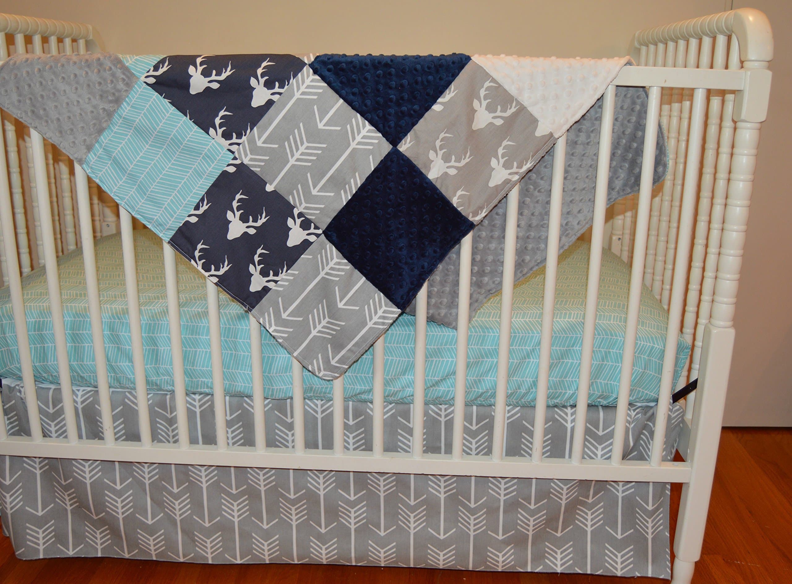 3-Piece Crib Bedding Set Navy Gray Aqua Deer Arrow Herringbone