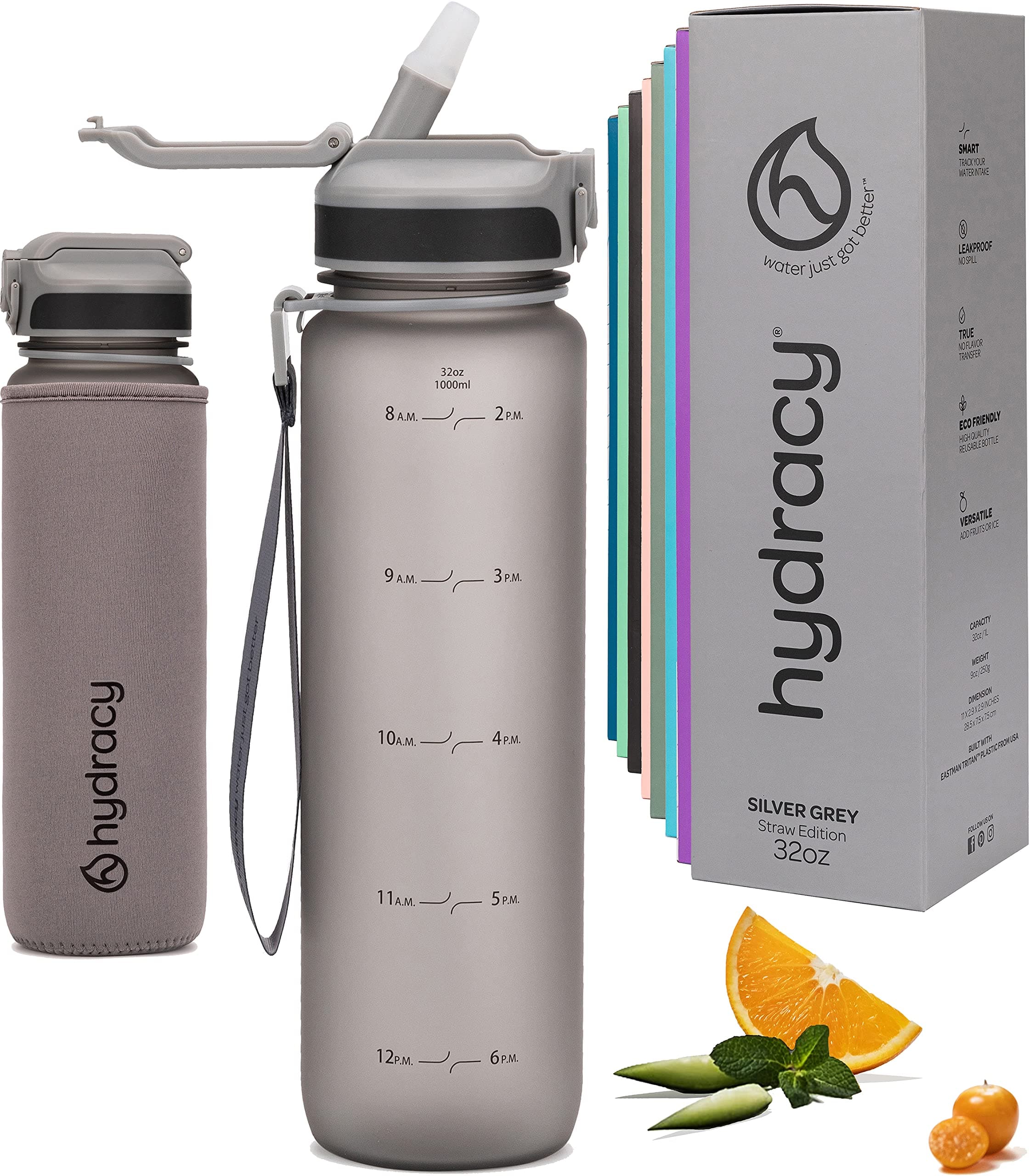 Hydracy Water Bottle with Times to Drink & Straw - Large 1 Litre BPA Free Motivational Water Bottle & No Sweat Sleeve -Leak Proof Gym Bottle with Time Marker - Ideal for Fitness, Sports & Outdoors