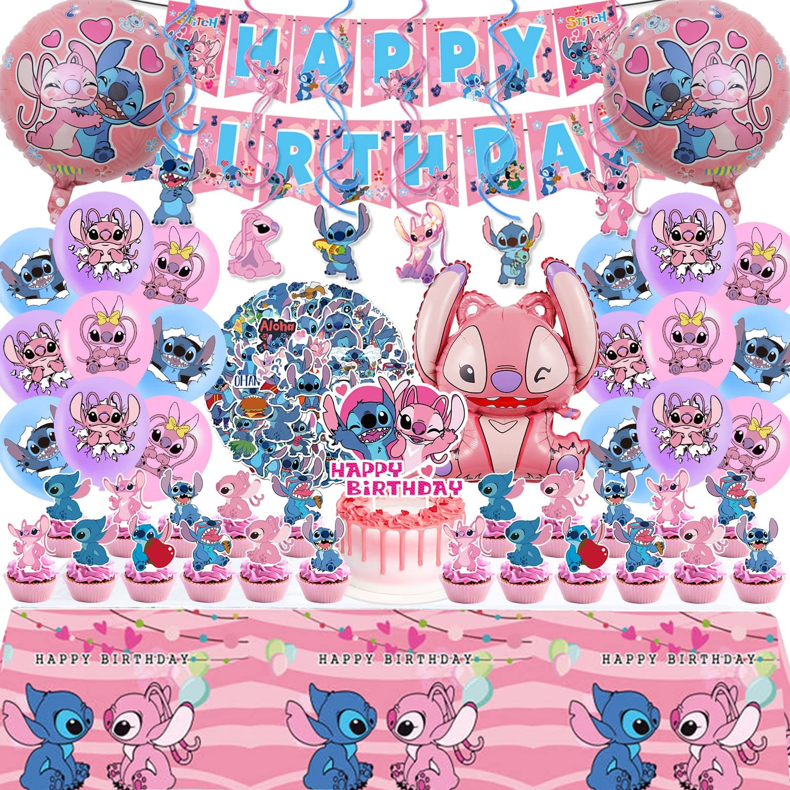 Lilo and Stitch Party Supplies, 101PCS Birthday Decorations Set Include Banner, Balloons, Stickers, Hanging Swirls, Cake Cupcake Toppers, Tablecloth for Girls Pink Stitch Theme Party