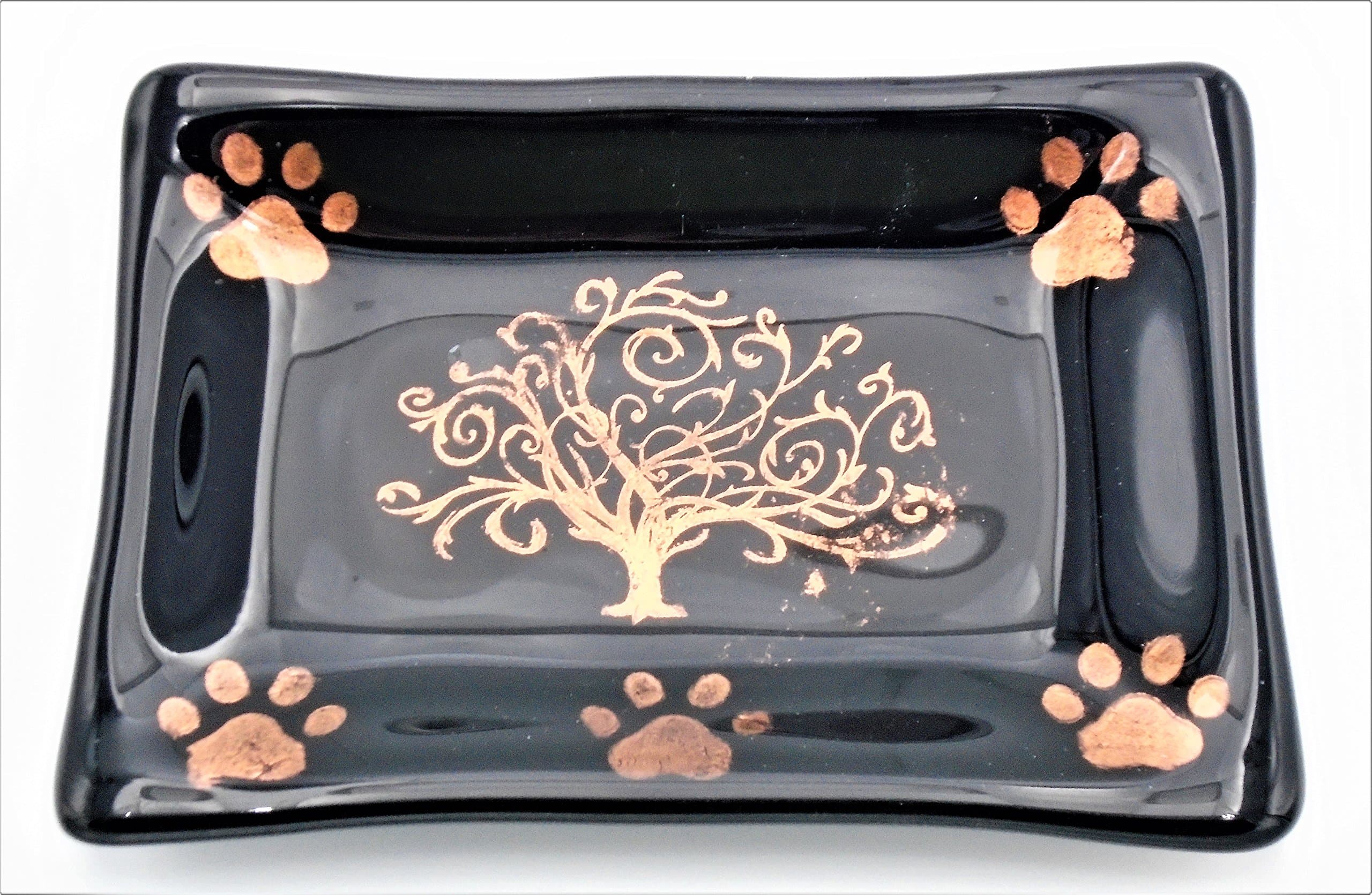 Decorative Black and Copper Mica Tree of Life and Paw Print Soap Catchall Trinket Dish Handcrafted Fused Glass