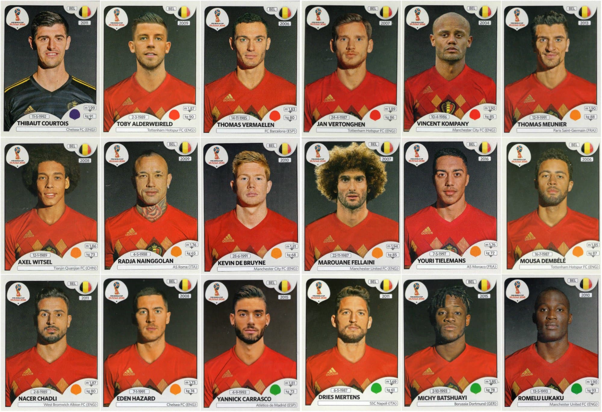 Panini WORLD CUP 2018 STICKERS - 18 BELGIUM STICKERS - TEAM SET - PLAYERS ONLY #514 - #531