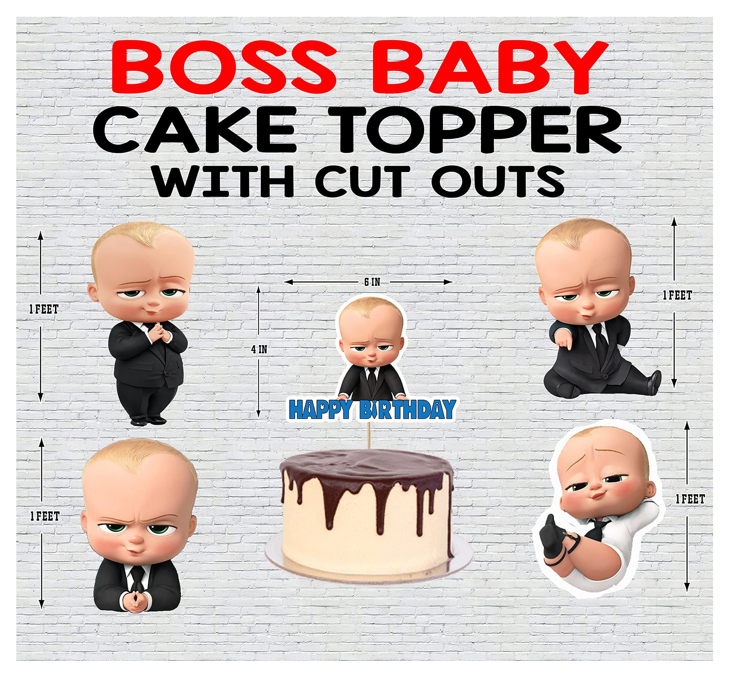 WoW Party Studio Boss Baby Theme Happy Birthday Decorations Party Cake Topper and 1ft Cutouts Combo