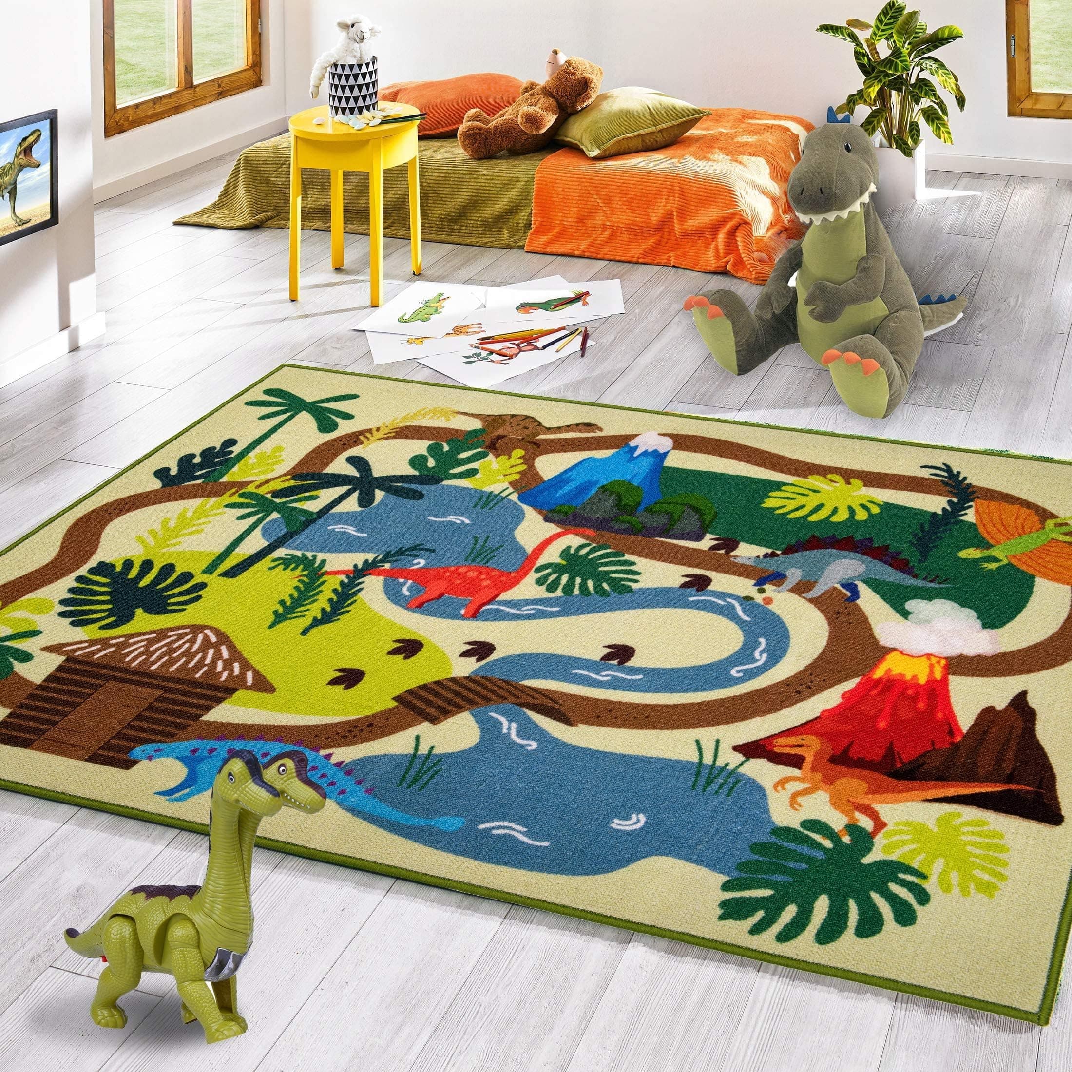 Booooom Jackson Dinosaur Rug,Prehistoric Adventure Play Rug - Polyester with Non-Slip Latex Backing,Dinosaur Land Play Mat Carpet Area Rug for Kids RoomOEKO-TEX STANDARD 100