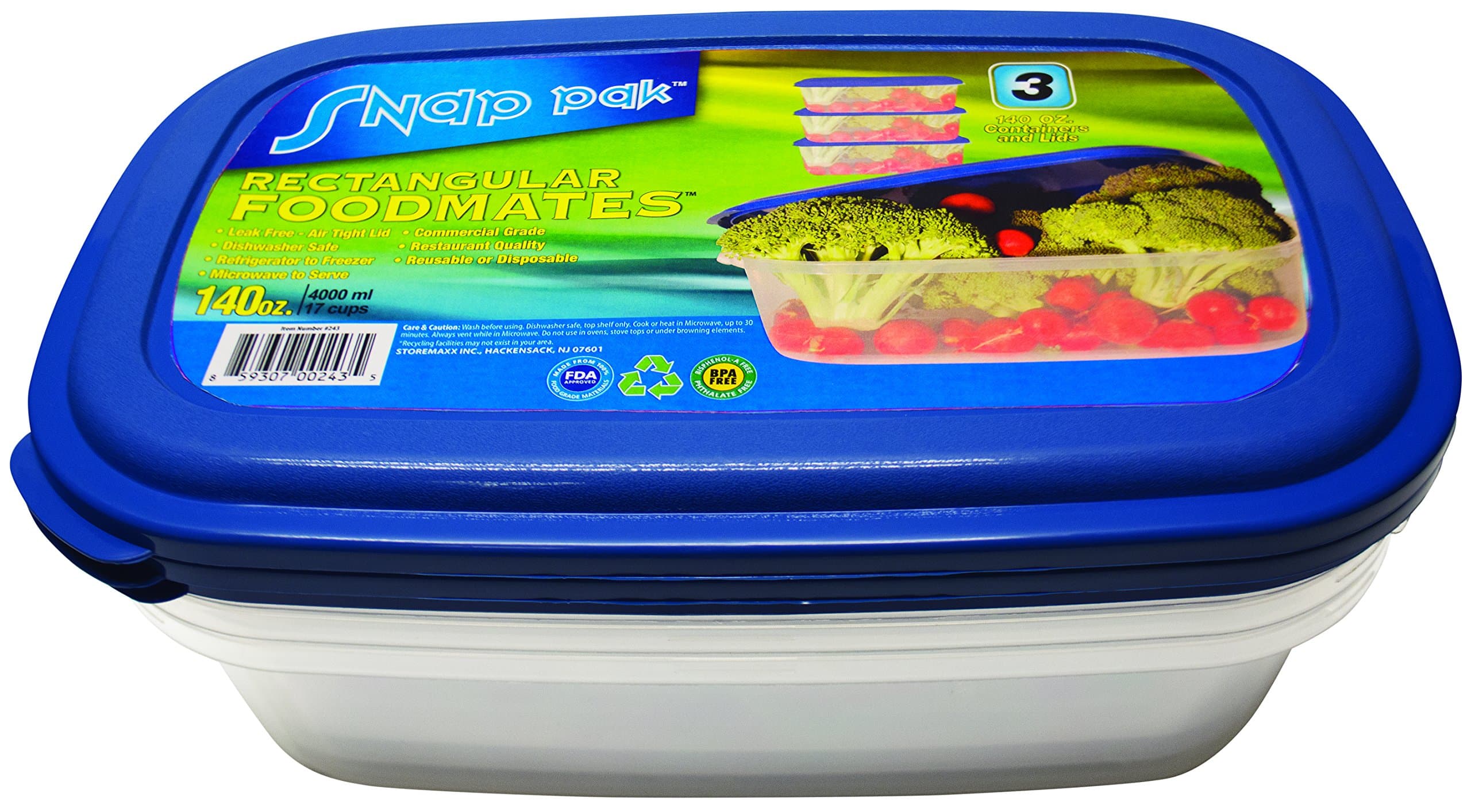 StoreMaxx Food Mates Rectangular Container (3 Pack), 140 oz, Slate Blue/Opaque
