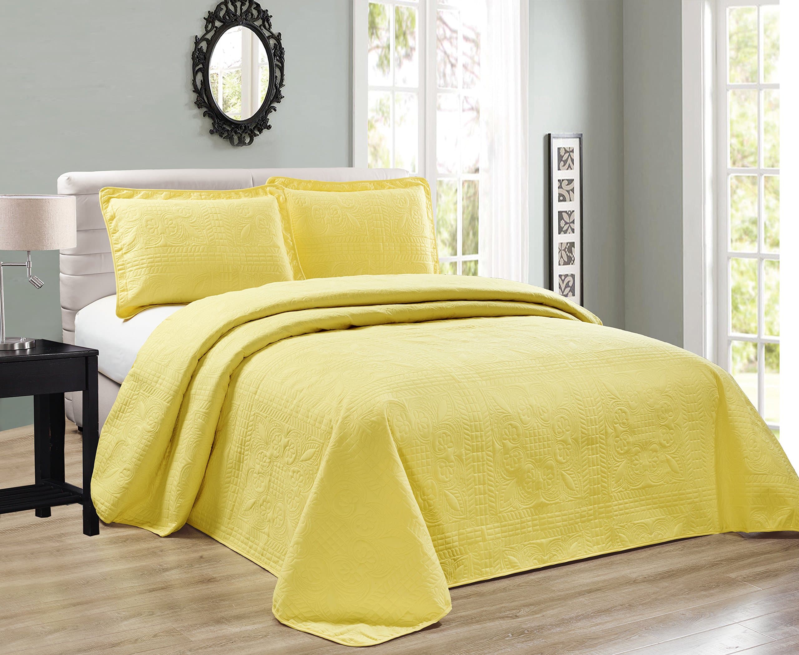 Elegant Home Beautiful Over Sized Yellow Solid Color Embossed Floral Striped 3 Piece Queen/Full Size Coverlet Bedspread (Queen/Full, Yellow)