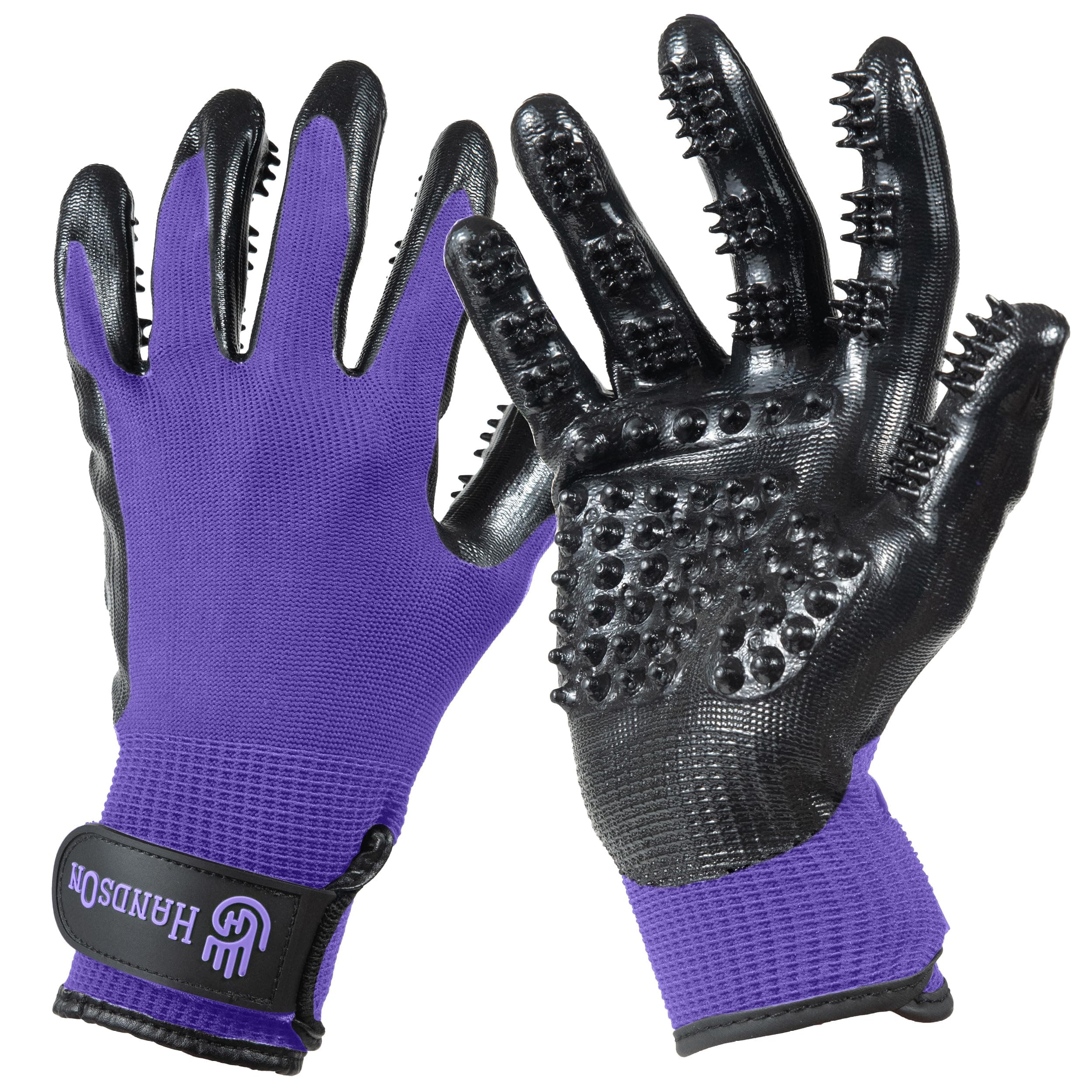 Handson Pet Grooming Gloves - Patented #1 Ranked, Award Winning Shedding, Bathing, Hair Remover Gloves - Gentle Brush for Cats, Dogs, and Horses (Purple, Large)