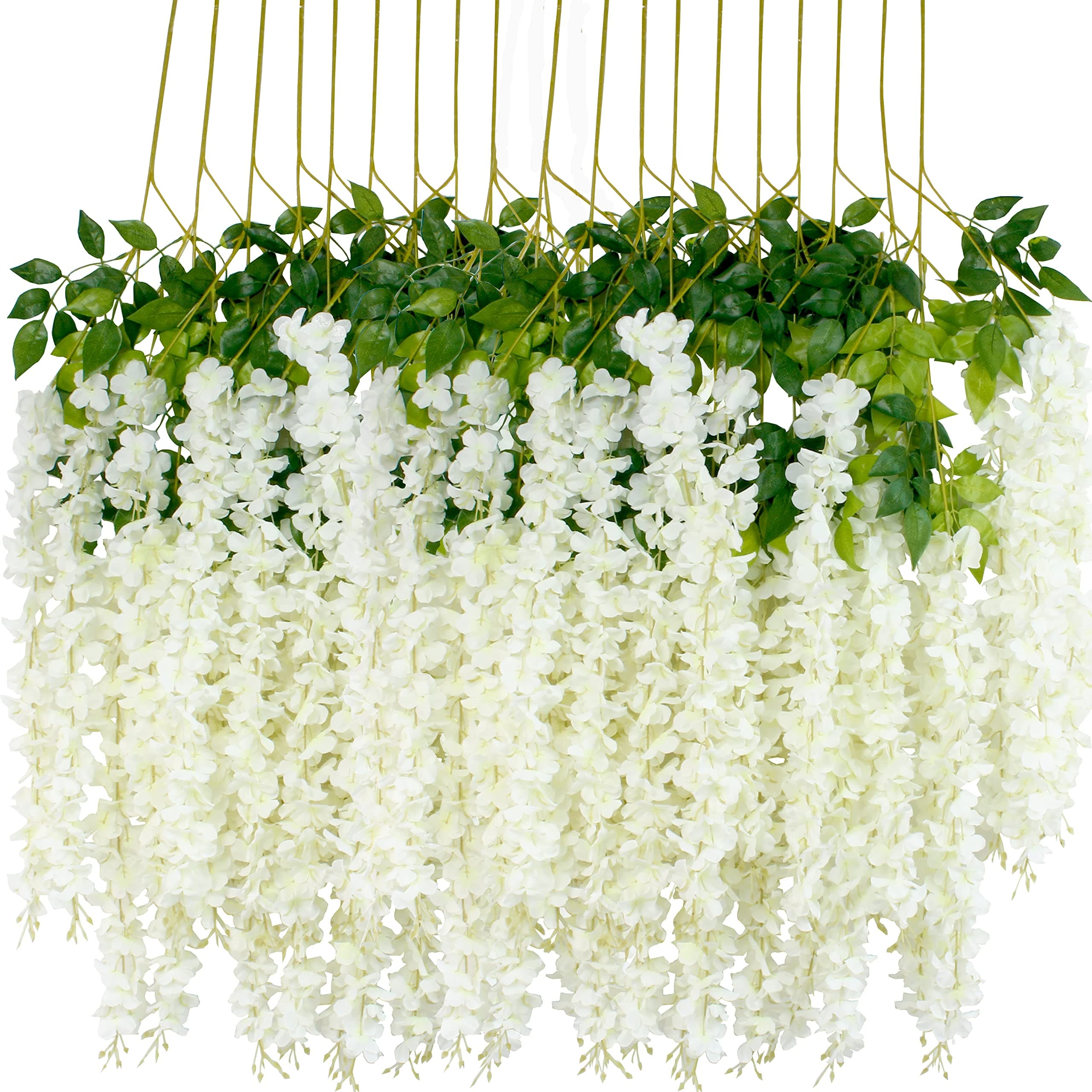 12Pcs Artificial Wisteria Flowers 3.6 Feet/Piece White Dense Artificial Fake Wisteria Vine Ratta Hanging Garland Silk Flowers String Flower Hanging Decorations Home Party Wedding Decor(White-Dense