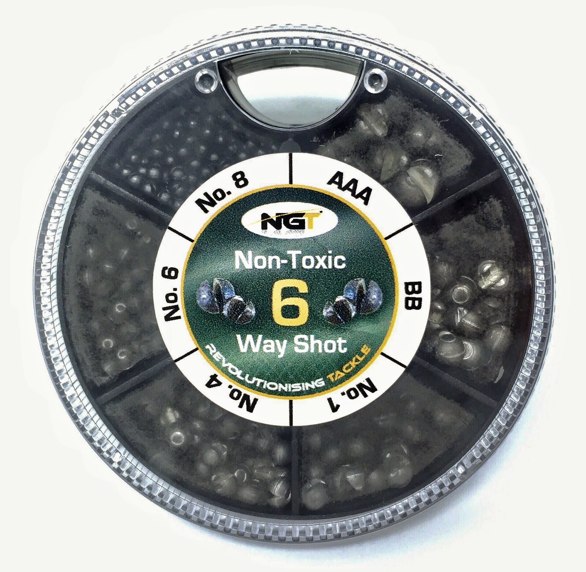 6 Way Non Toxic Shot 6 way non toxic split shot includes No 1, No 4, No 6, No 8, BB and AAA sizes