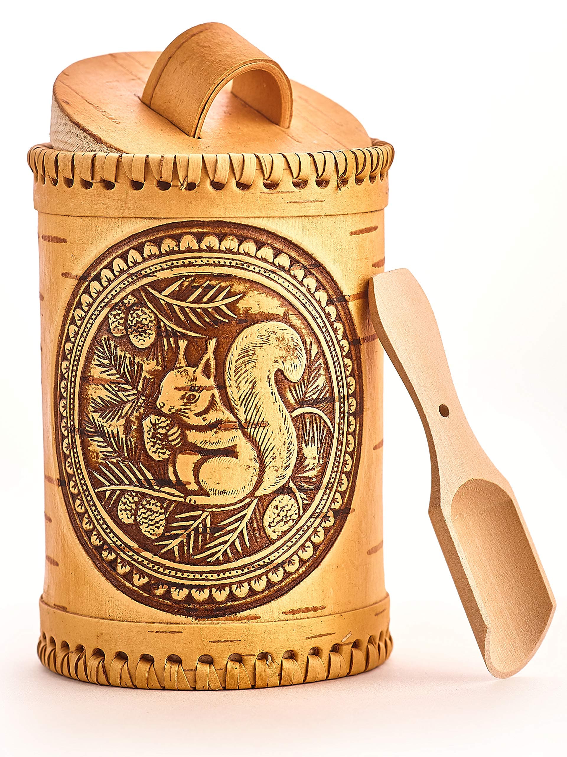 Siberian Folk Craft Birch Bark Container with a Wooden Spoon for Vintage, Rustic or Farmhouse Look. Storage Canister for Serving Tea, Sugar, Salt, Herbs and More (Squirrel)