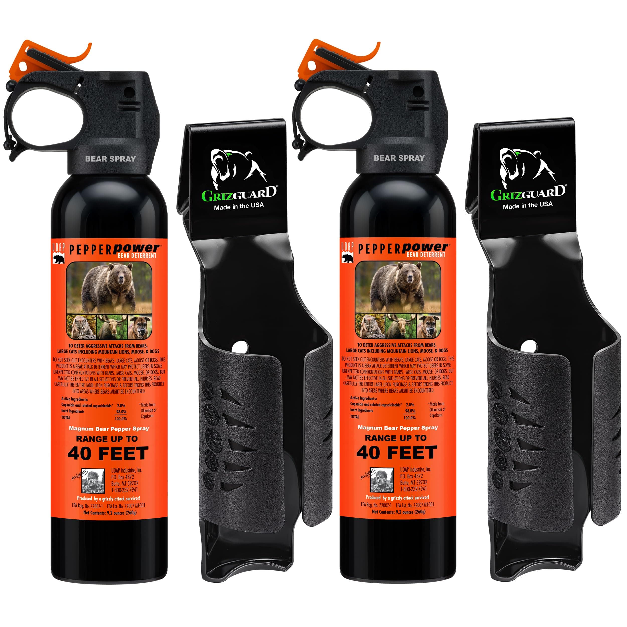 UDAP 15DCH Pepper Power Magnum Bear, Mountain Lion, Coyote, Dog, & Moose Spray Self Defense Deterrent w/Griz Guard Holster for Camp, Hike, Walk, Powerful Blast, 40ft Fog Barrier, 9.2 oz, 2 Pack