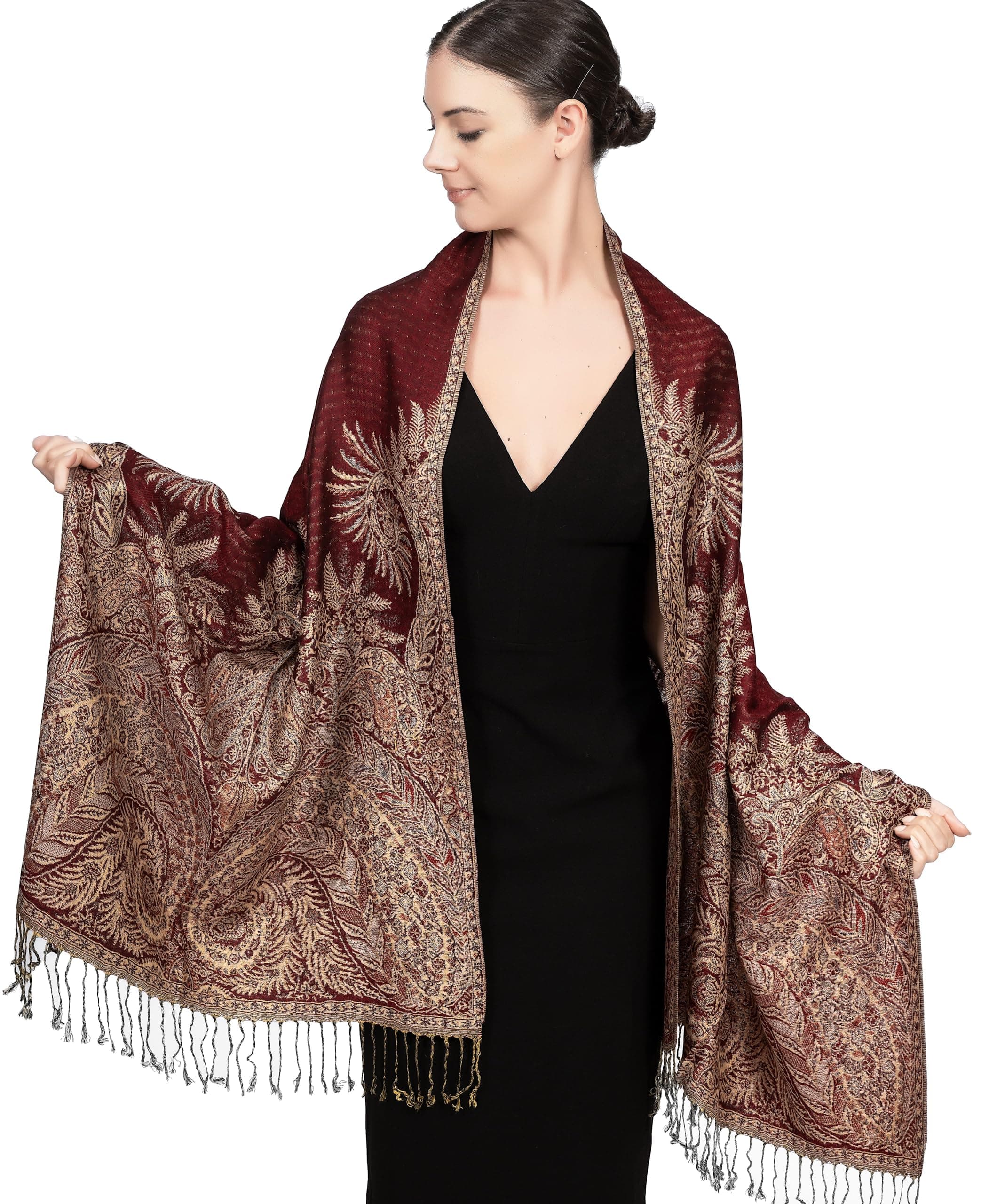Achillea Reversible Paisley Pashmina Rave Scarf – Exotic Indian Shawls and Wraps for Evening Dresses, Festivals, All Seasons