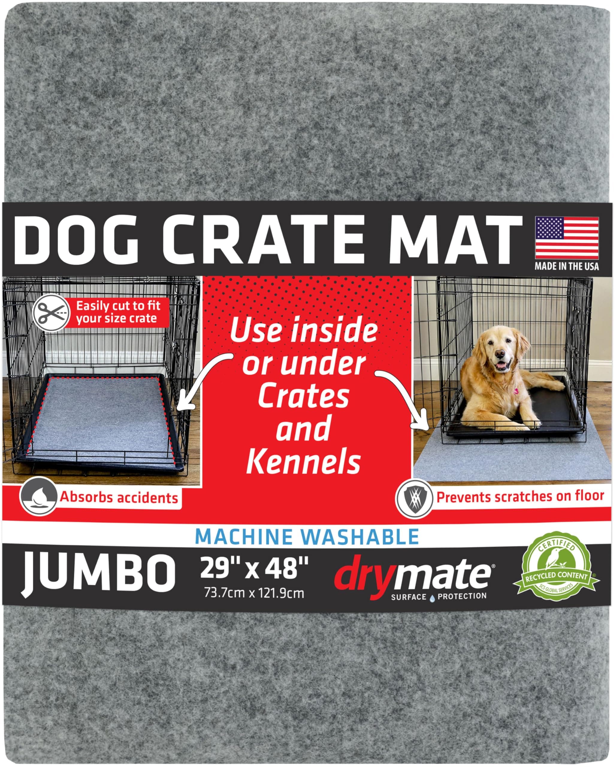 Drymate Dog Crate Mat Liner, Absorbs Urine, Waterproof, Non-Slip, Washable Puppy Pee Pad for Kennel Training - Use Under Pet Cage to Protect Floors, Thin Cut to Fit Design (USA Made) (LGrey)(29"x48")