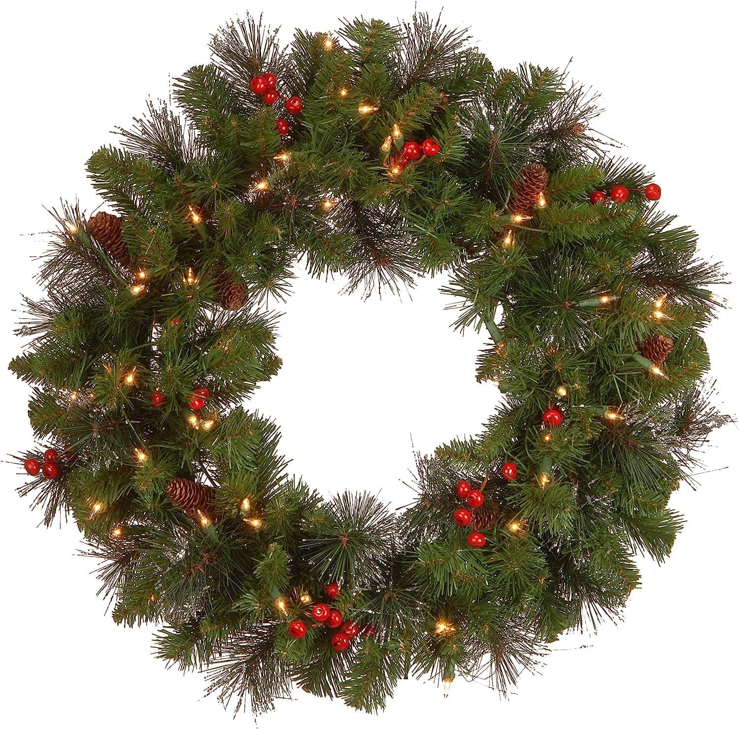 24 in Pre-Lit Crestwood Spruce Artificial Christmas Wreath, Christmas Decoration with Glitter, Pinecones, Red Berries, 50 Clear Lights, 160 Tips, Green