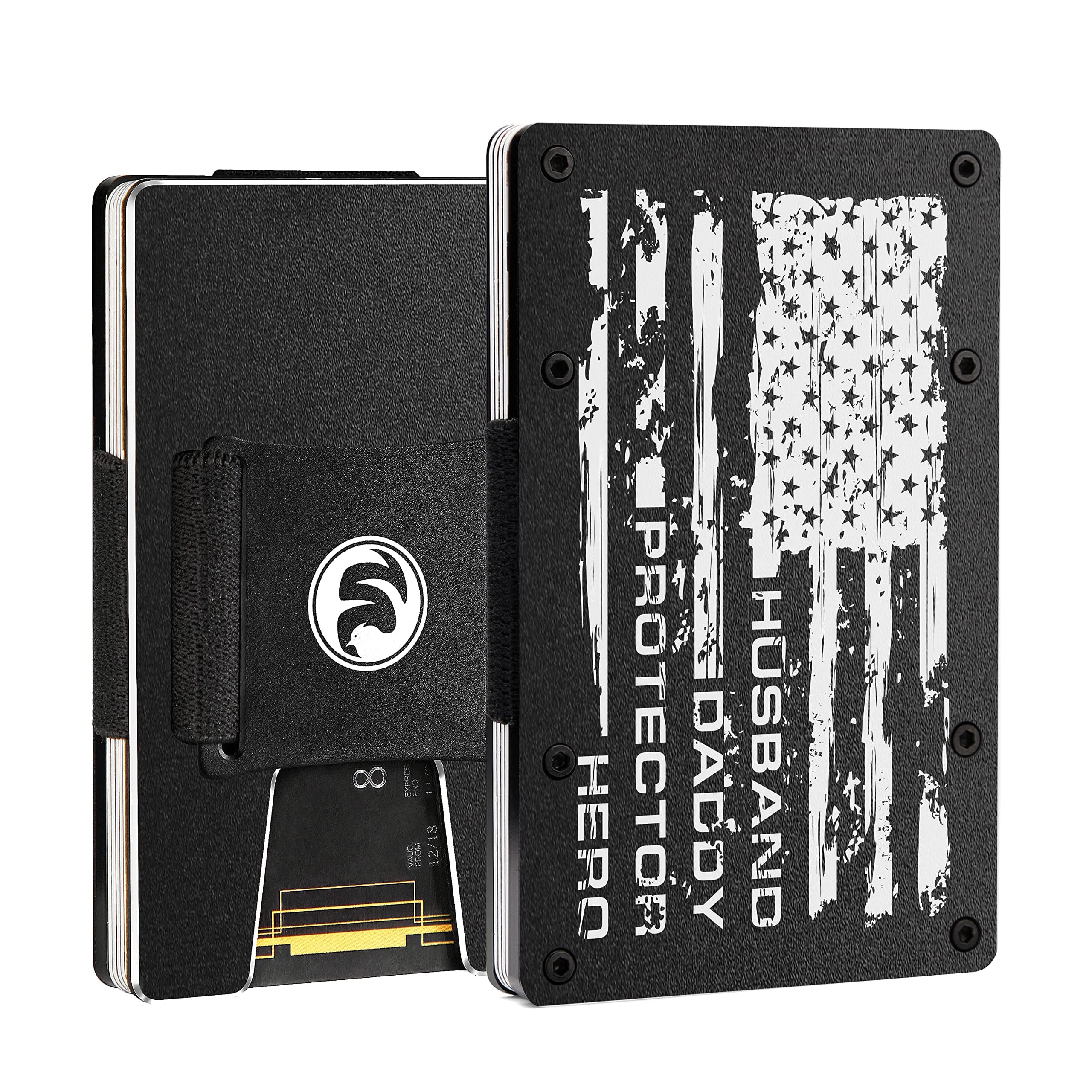FeiYenMen Minimalist Metal Wallet with Cash Strap | Front Pocket RFID Blocking Card Holder | Slim Aluminum EDC Tactical Money Case for Business Travel | Engraved American Flag Husband Daddy Protector Hero