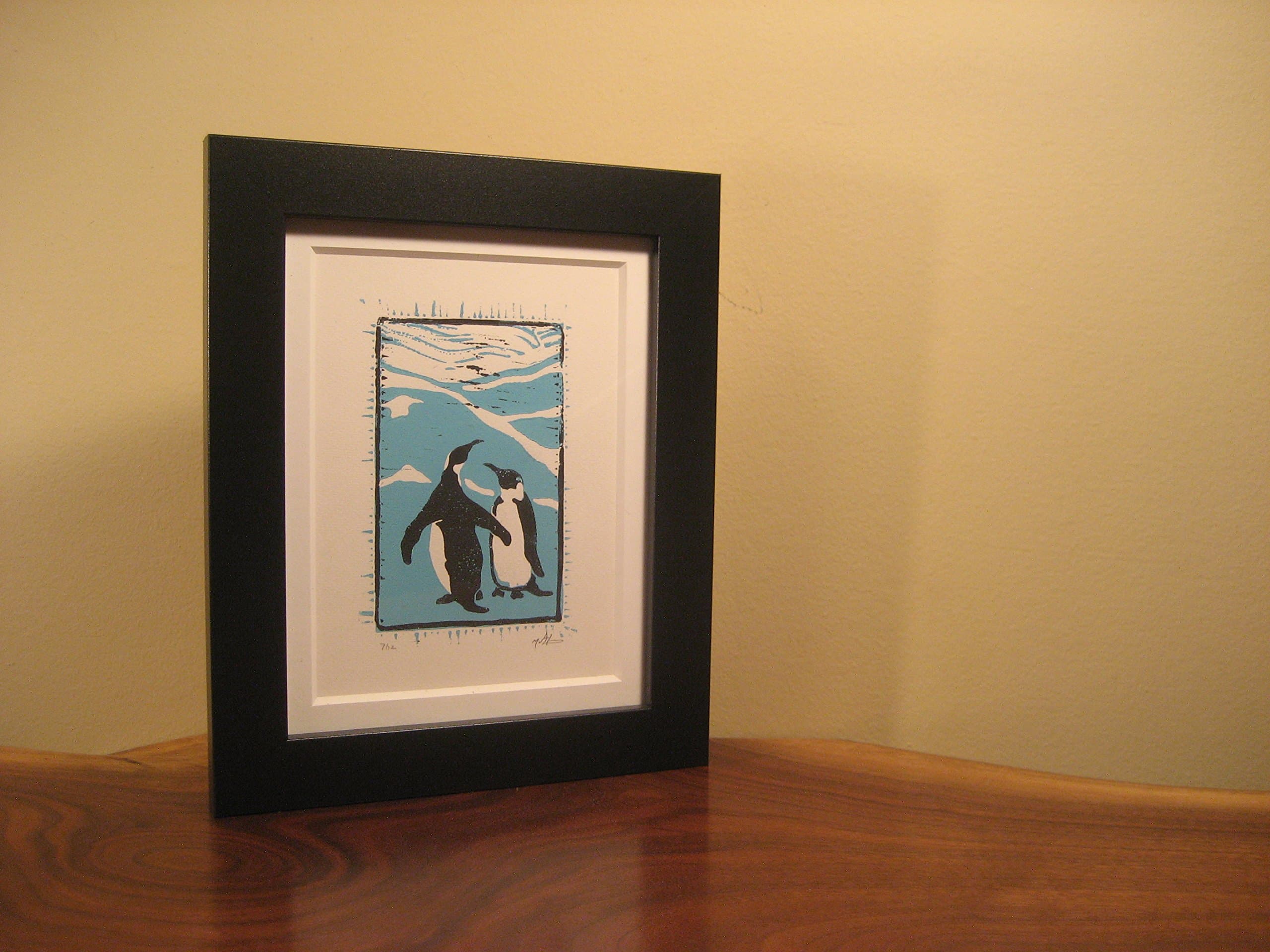 Pair of Penguins Linoleum Block Print