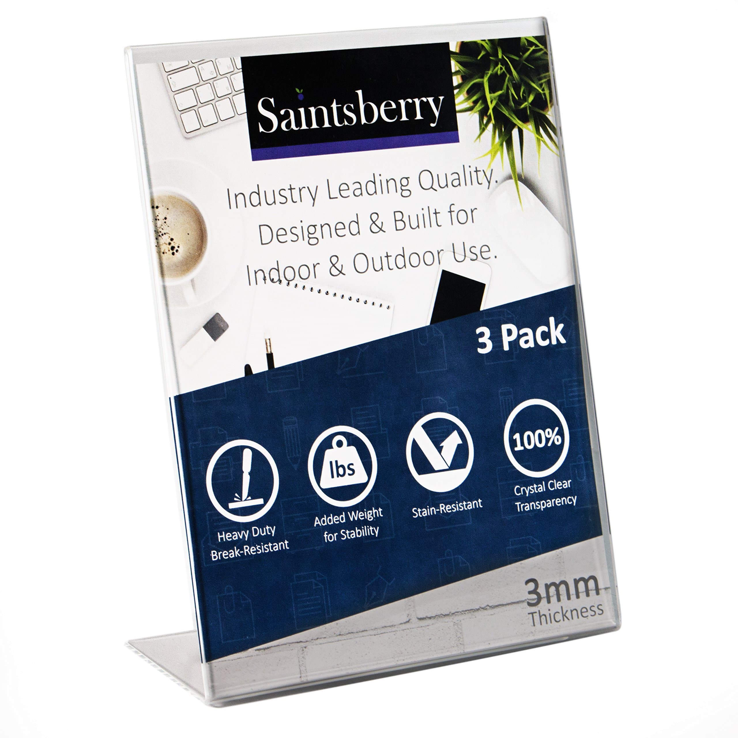 TRIPLE STRENGTH Acrylic Sign Holder 8.5 x 11 inches (Pack of 3) 3mm Thick Break Resistant Heavy Duty Hard Plastic Slanted Back Design, Perfect for Indoor and Outdoor Use. Saintsberry