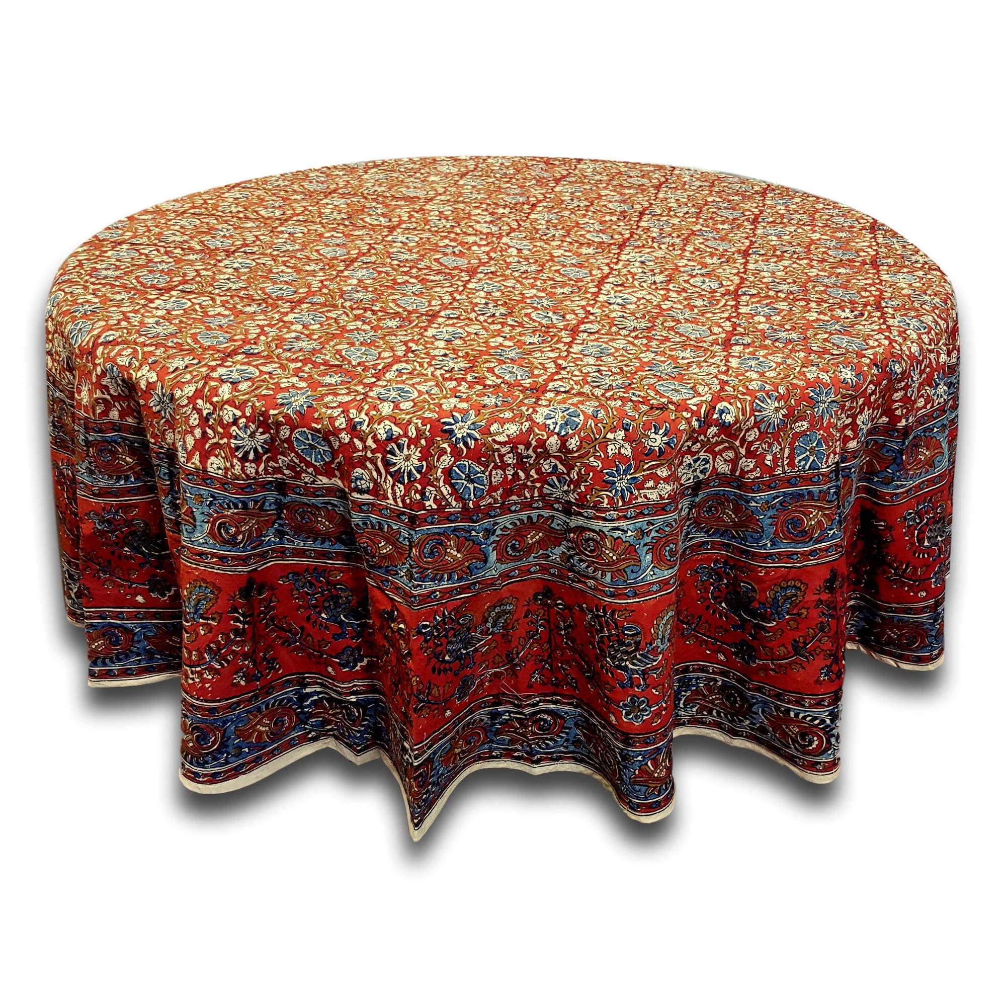 Block Print Red Round Tablecloth 72 inches for Dining and Kitchen Vegetable Dye Cotton Floral Rectangle Table Linen