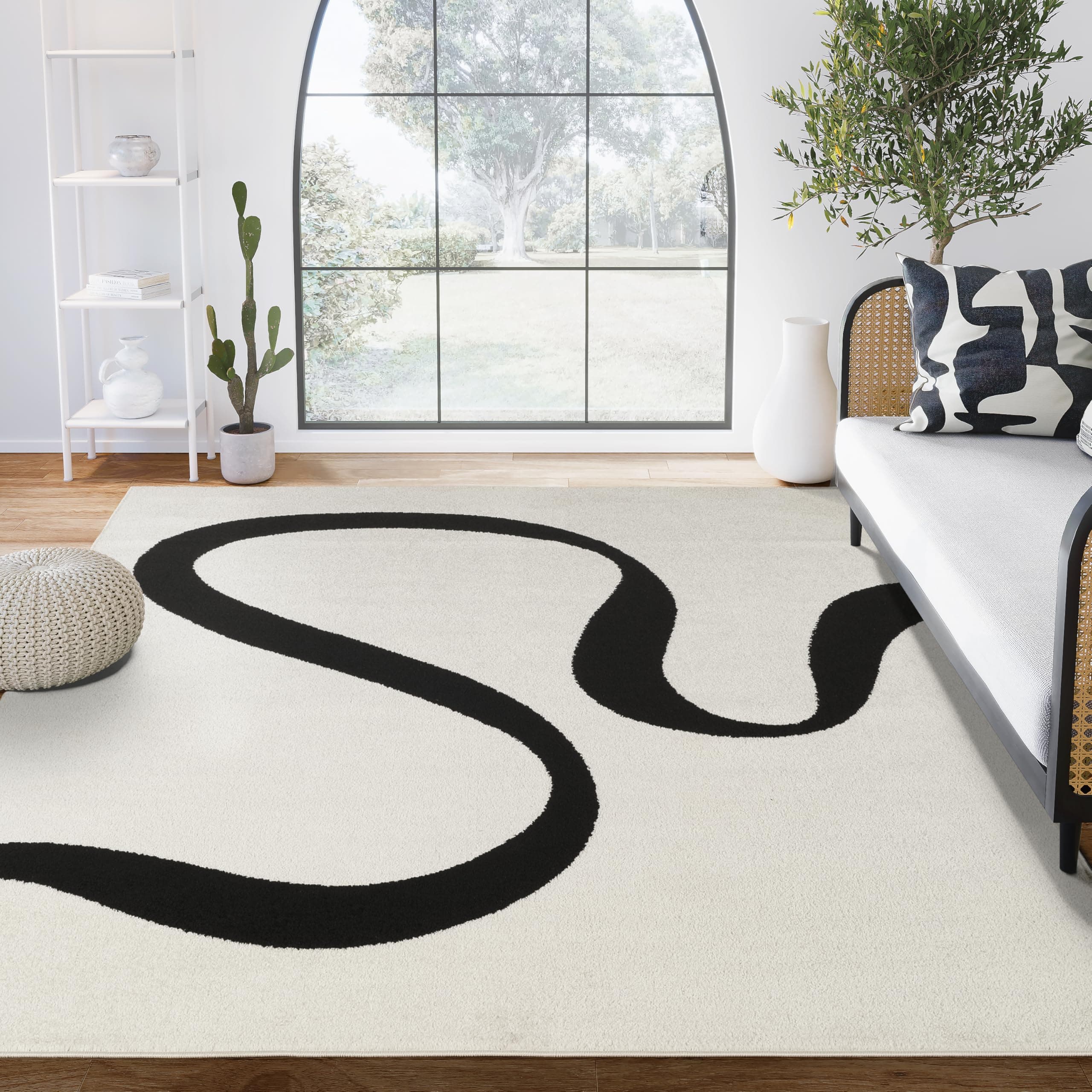 Abani Black and Cream Area Rug | 5' x 8' White Abstract Swirl Wave Carpet | Beige/Ivory Geometric Wave Design | for Living Room, Bedroom and Office | Medium Pile