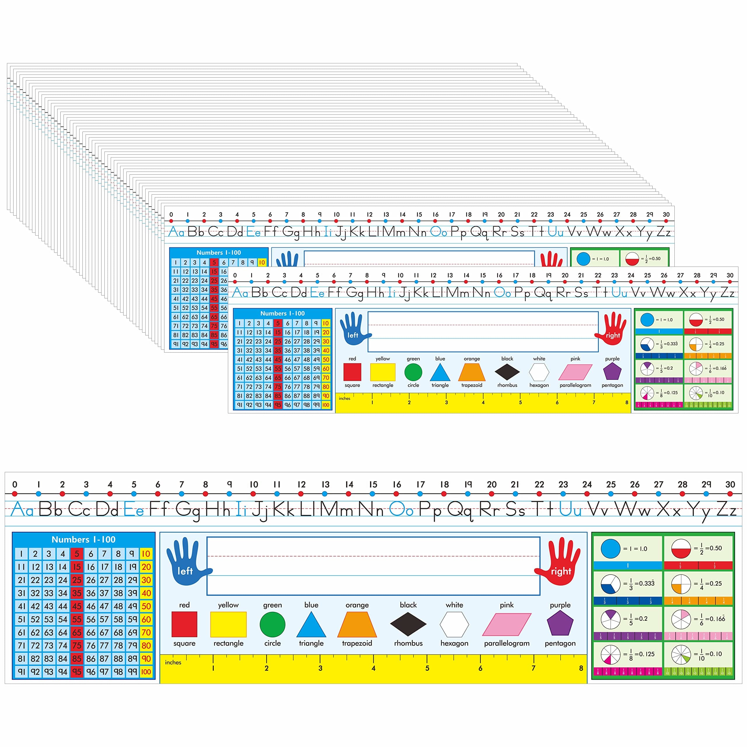 36 PCS Desk Nameplates, Double Sided PET Film Desk Name Tags with Alphabet, Numbers, Fractions, Shapes, Colors and Ruler Erasable & Reusable Traditional Manuscript Name Plate for Classroom (14” x 4”)